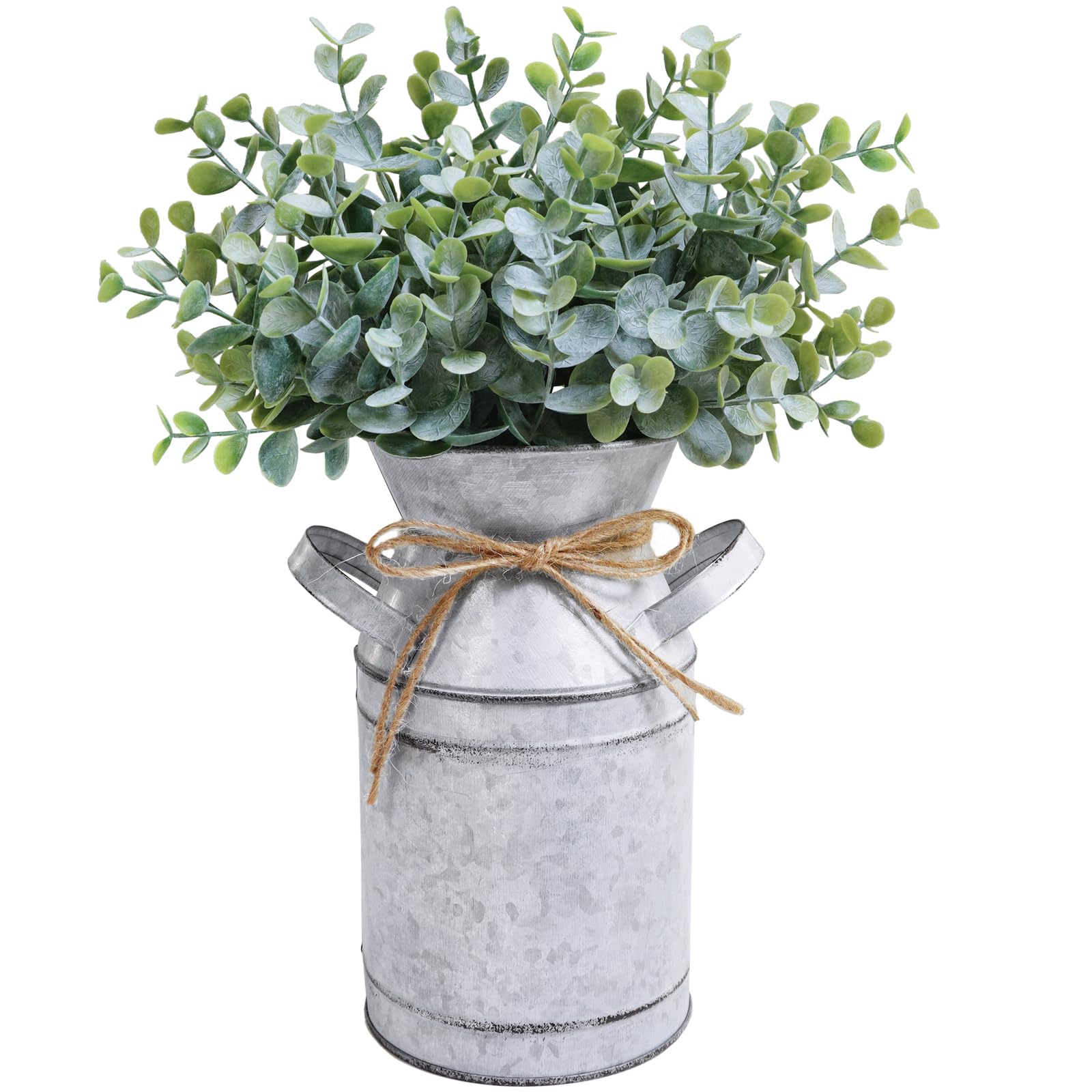 Winlyn Farmhouse Galvanized Metal Milk Can with Artificial Eucalyptus Greenery Arrangement Fake Plants Farmhouse Centerpieces 11.8" Tall for Rustic Country Wedding Home Table Tiered Tray Shelf Décor