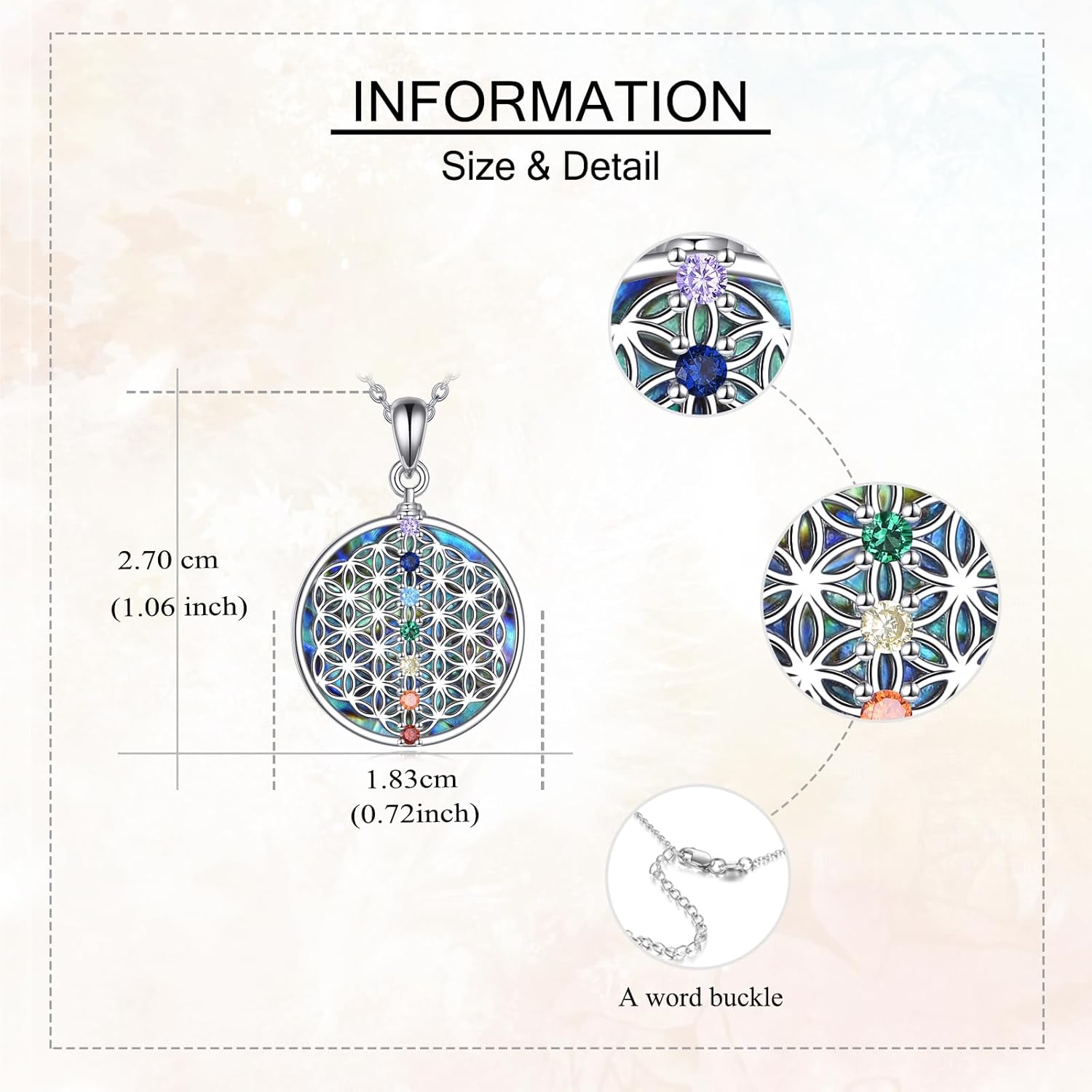 Flower of Life Necklace 925 Sterling Silver 7 Chakra Abalone Shell Pendant Necklace Flower of Life Spiritual Jewelry Gifts for Women - Image 3