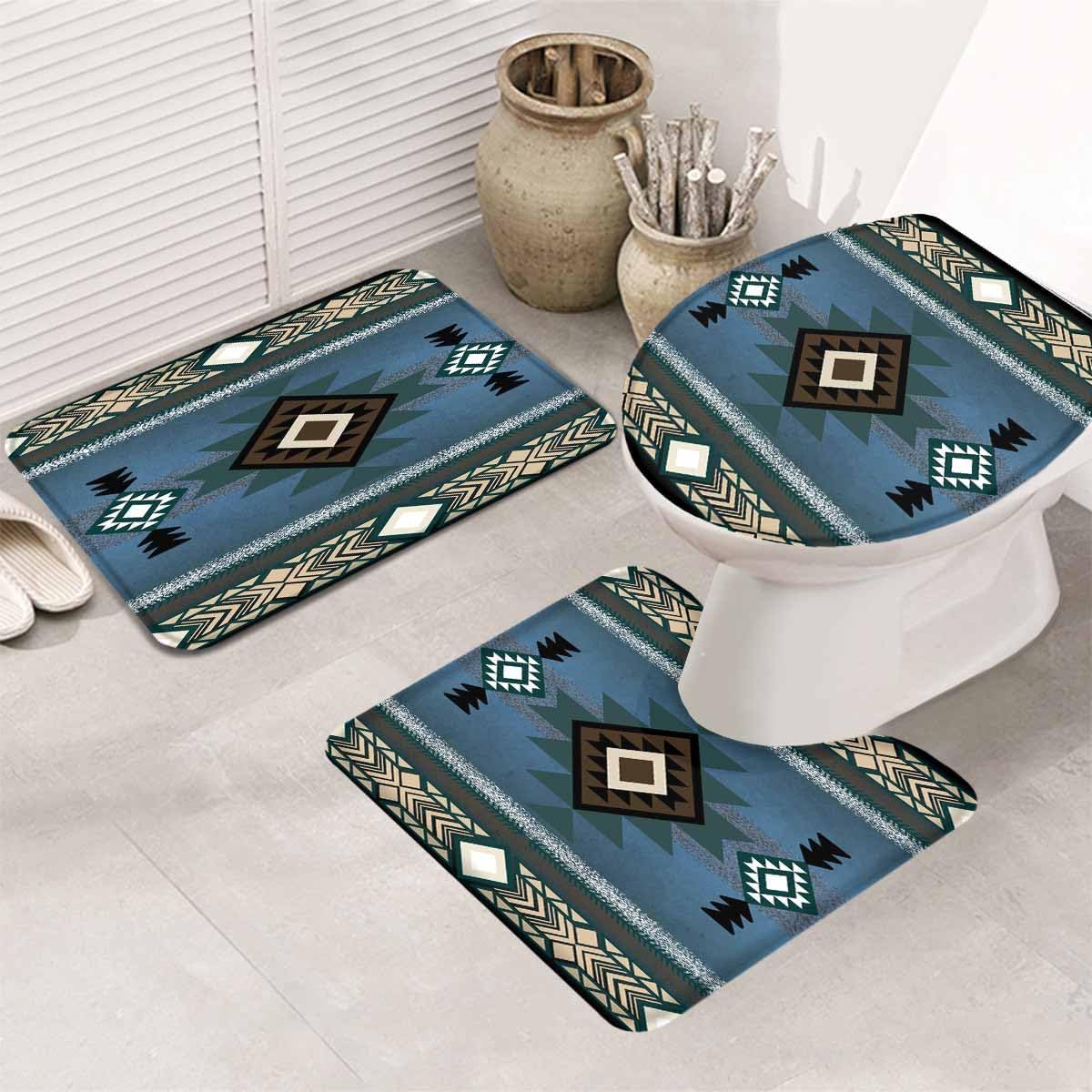 Western Southwest Bathroom Rugs Mat Sets 3 Piece, Bath Shower Rugs with U-Shaped Contour Toilet Mat, Small Absorbent Bathtub Runner Rugs Floor Mats Native American Indian Tribal Ethnic
