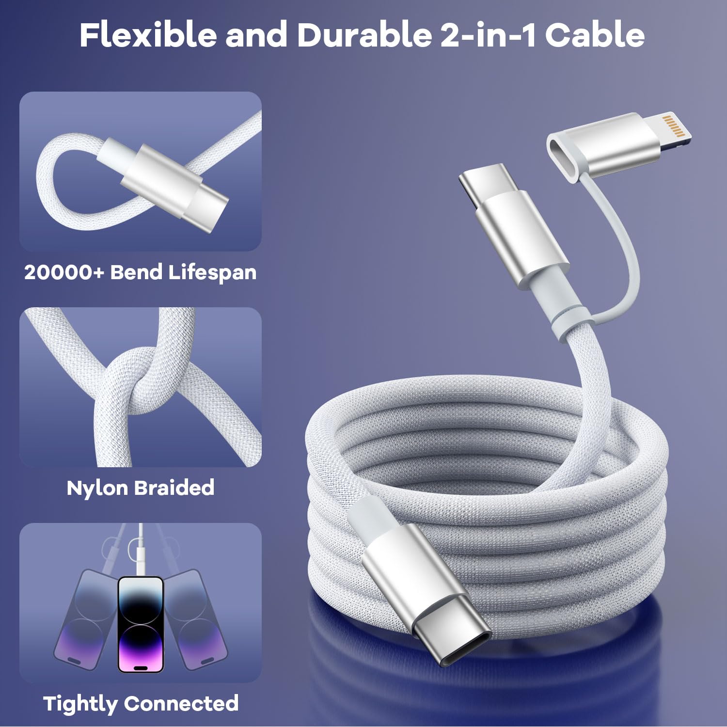 IDISON Cavo USB C a USB C/Lightning 2 in 1, 60 W Max, 2 cavi USB C da 1,2 m, ricarica rapida, cavo di ricarica multi cavo di ricarica per iPhone, per auto, iPhone 16/15/14/13, Samsung, MacBook, Pad e
