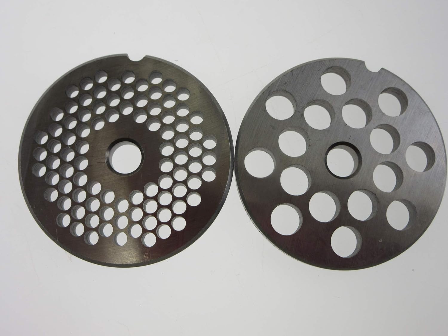 TWO size #12 meat grinder plates. 3/16" burger and 3/8" sausage grind. STAINLESS STEEL by Smokehouse Chef