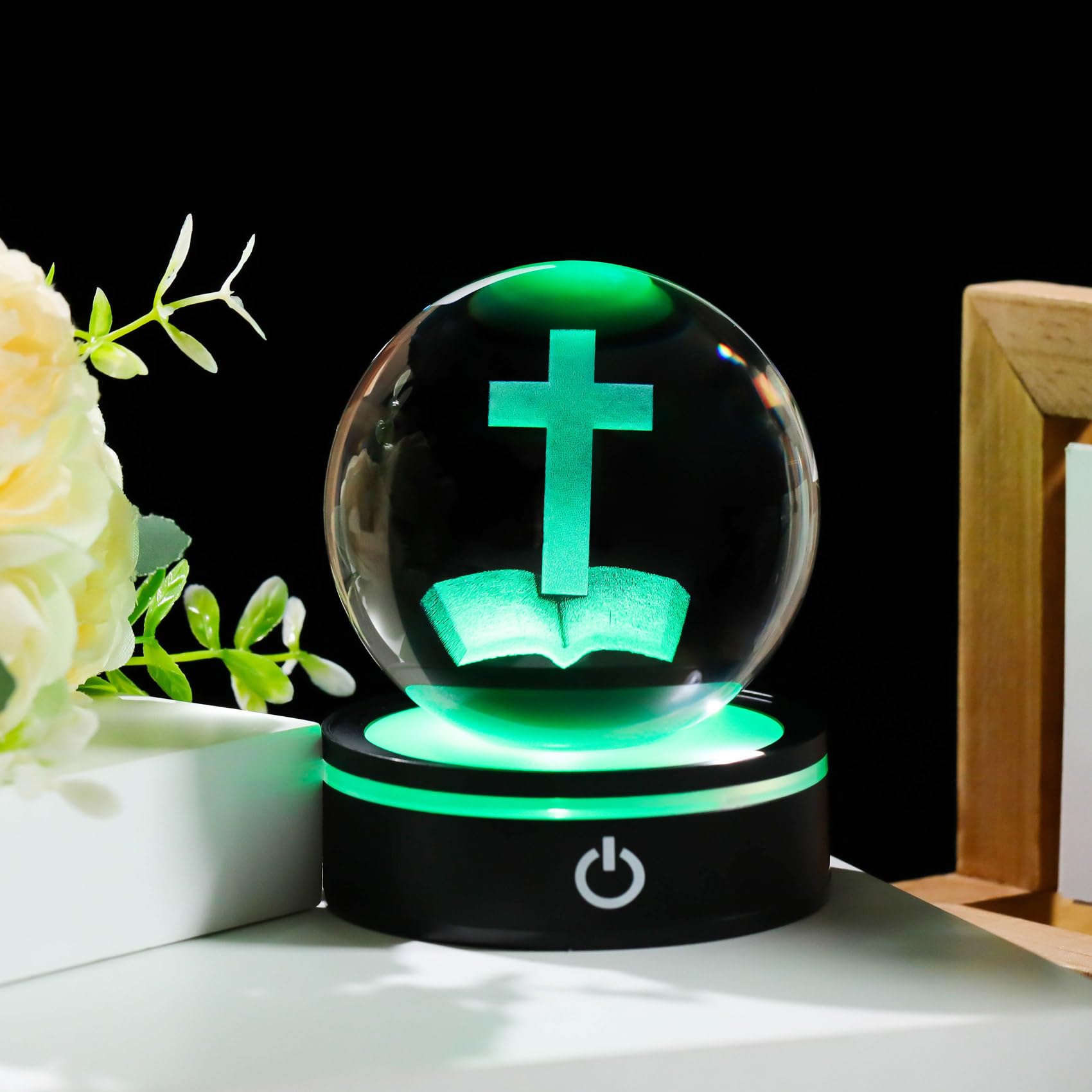YWHL 3.14In 3D Crystal Cross Ball Figurine with Colorful Light Base, Laser Engraved Glass Bible Religious Gifts for Wome Men, Christian Collectible Decoration for Home Office(80mm)