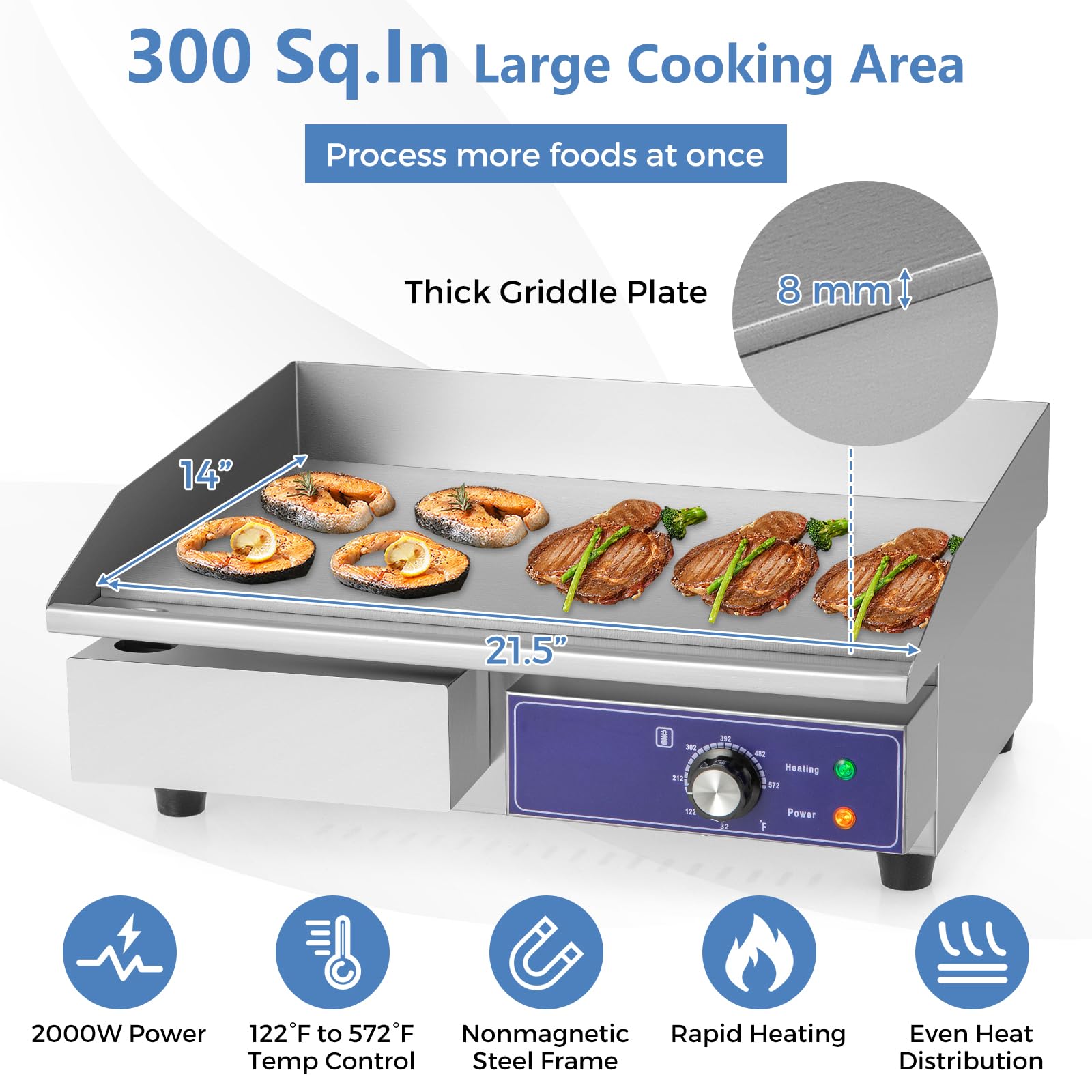 KOTEK Commercial Electric Griddle, 2000W 22” Flat Top Griddle, Stainless Steel Frame & Drip Tray, Adjustable Temperature Control 122?-572?, Countertop Teppanyaki Grill for Home, Kitchen, Restaurant