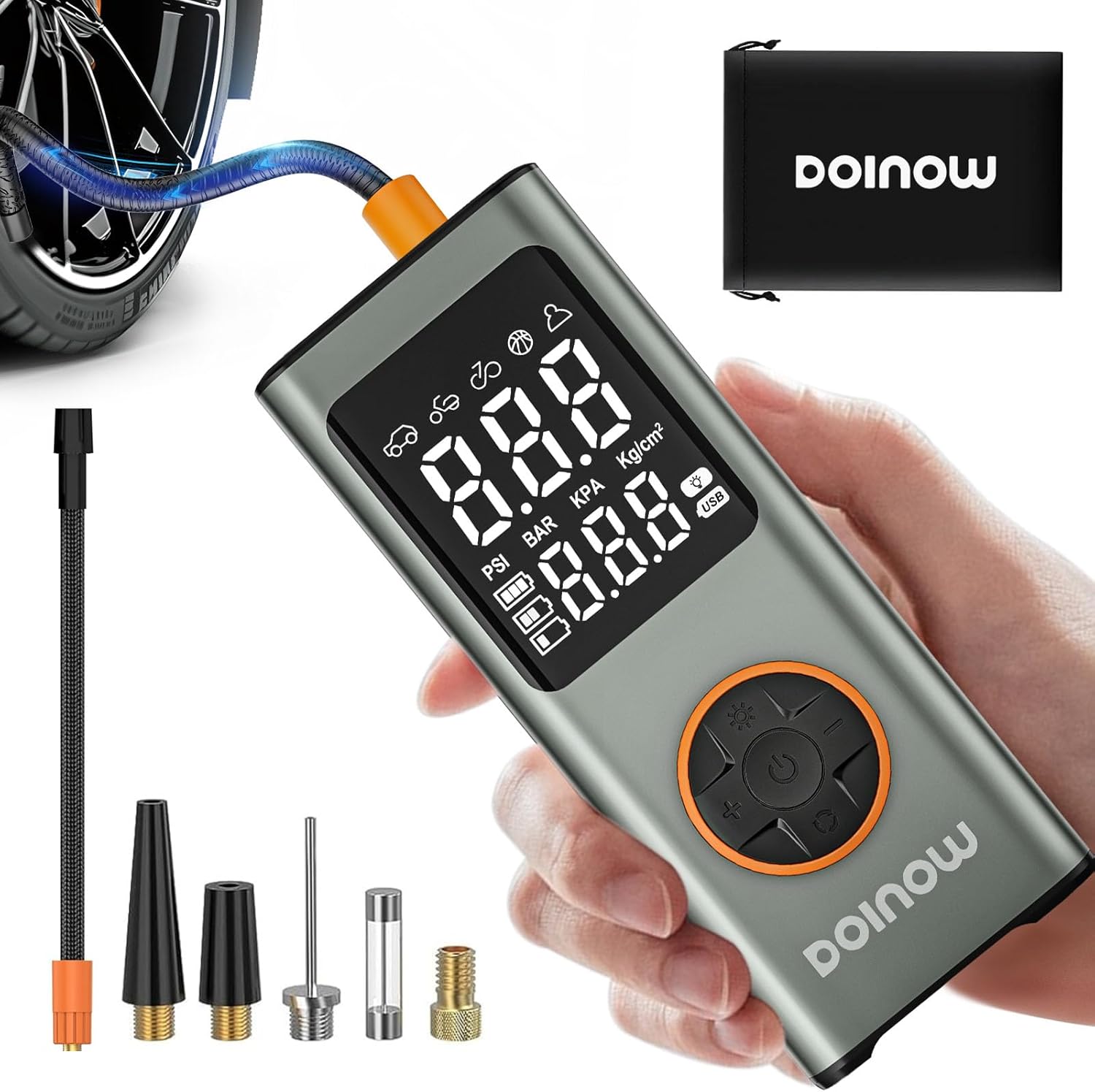 Tire Inflator Portable Air Compressor, 150 PSI Cordless Bike Pump, Air Pump for Auto, Motorcycle, Bicycle, Balls with Pressure Gauge, LED Light & Accessories, Cigarette Lighter Power Cord, Gray