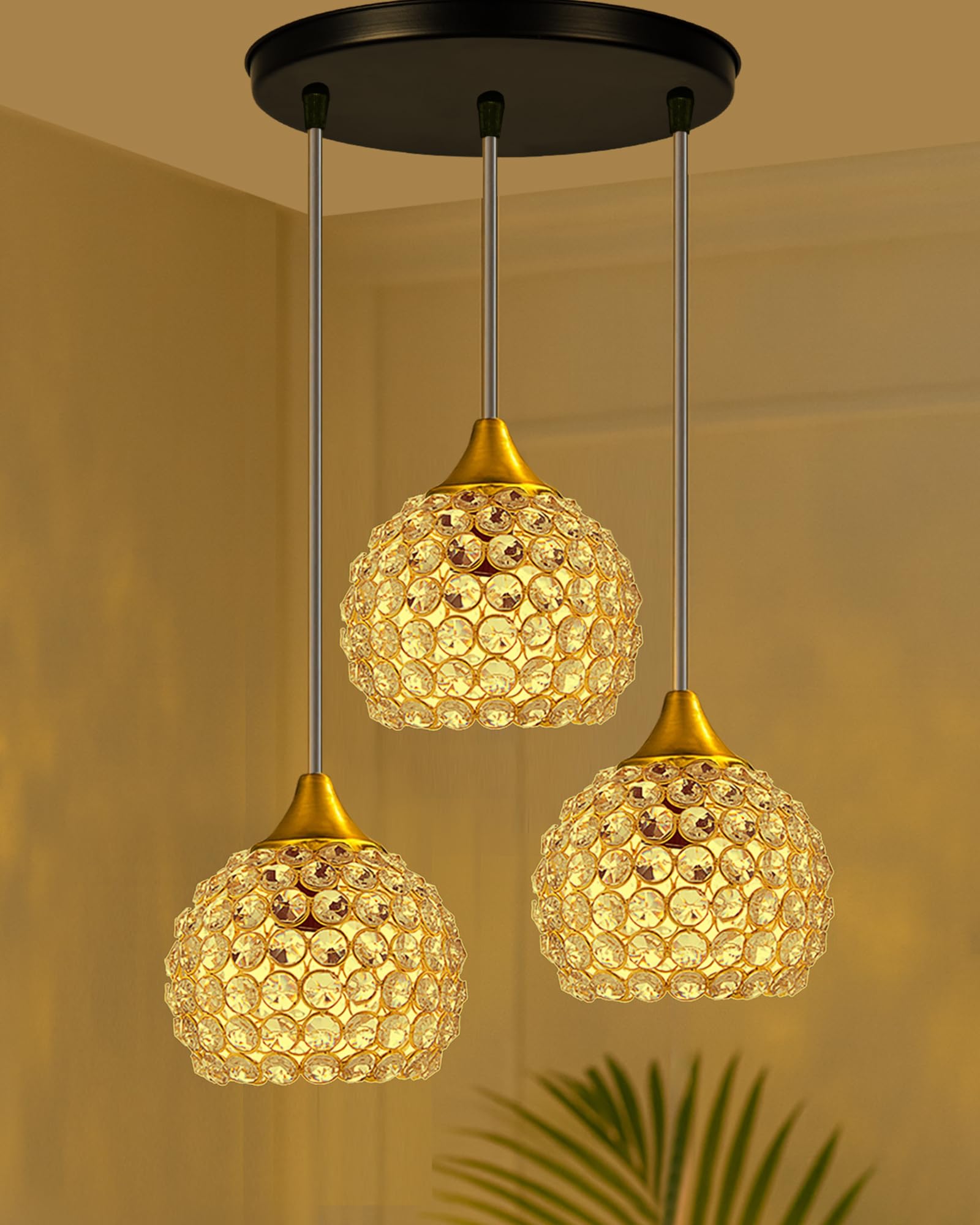 Homesake®3-Lights Round Golden Cluster Chandelier Crystal Half Globe Hanging Light, E27 Holder, Decorative, Urban Retro, Nordic Style, LED/Filament Bulb-image-7
