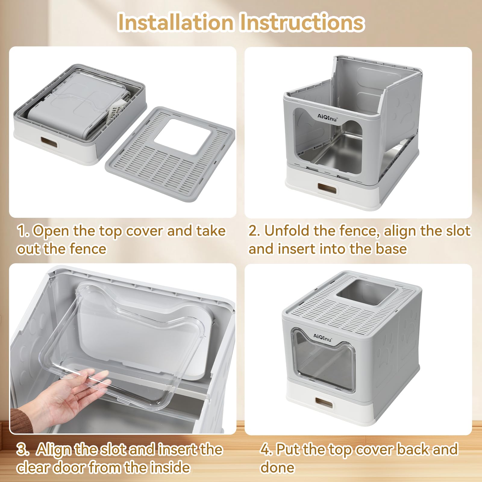 AiQInu Caja de arena plegable de acero inoxidable con tapa para gatos de hasta 20 libras | Caja de arena grande de metal cerrada con lados altos, antifugas y control de olores, fácil de limpiar