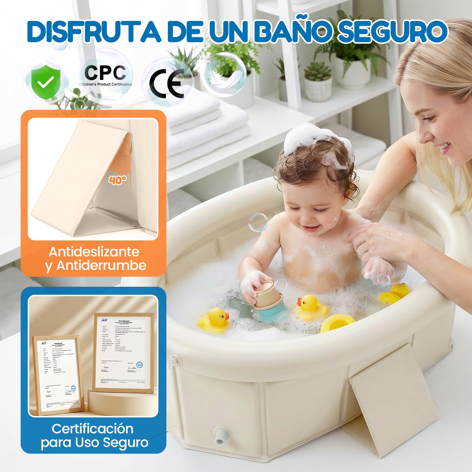 Orzbow Bañera Bebe Plegable, Bañeras para Bebes con Borde Superior Inflable, Bañera Portatil Bebe para Niños de 6 Meses a 6 Años, Estable y Duradera,Fácil de Limpiar, No Requiere Montaje, Blanco crema