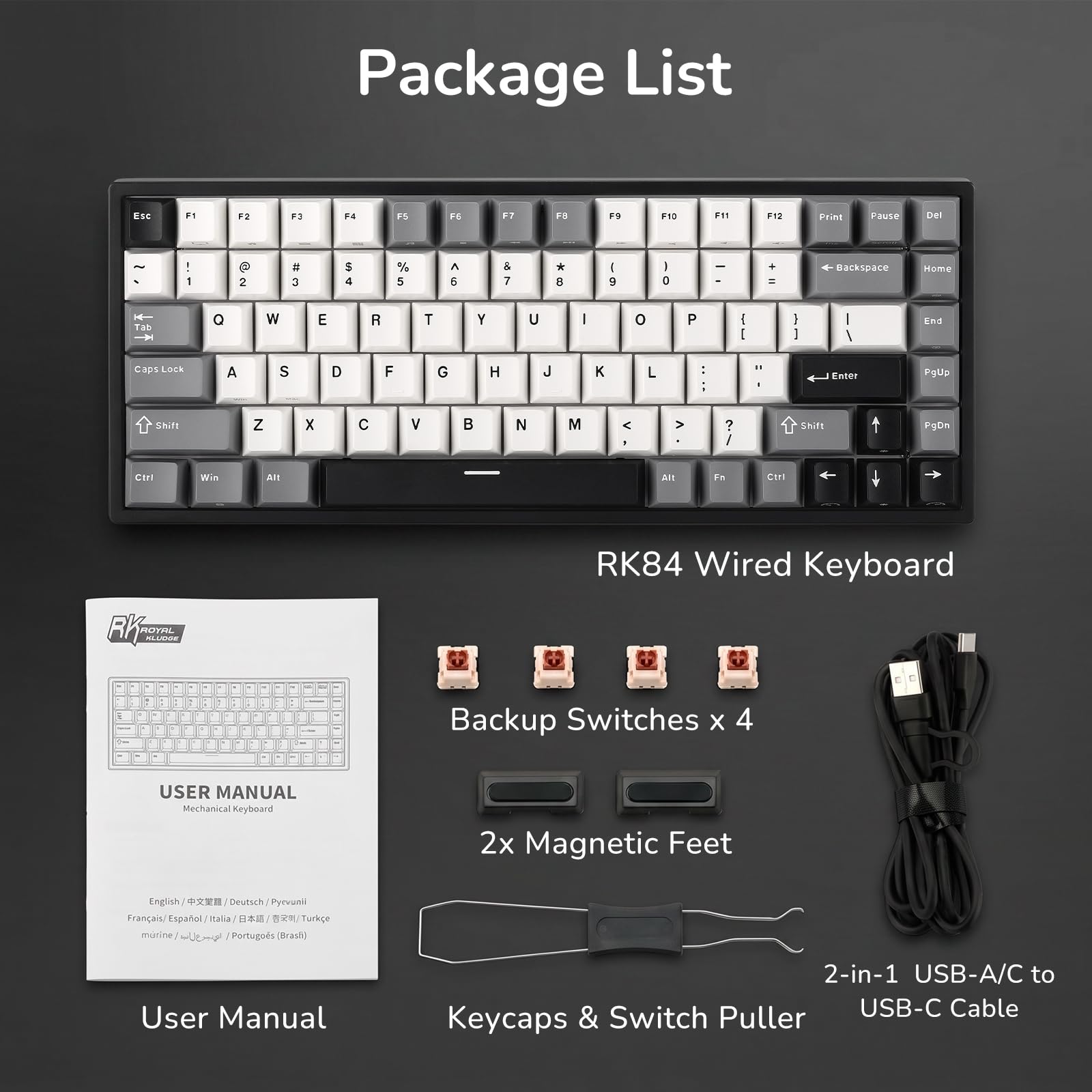 RK ROYAL KLUDGE RK84 – przewodowa klawiatura mechaniczna do gier z 75% układem TKL, podświetleniem RGB i funkcją hot-swap, układ US QWERTY