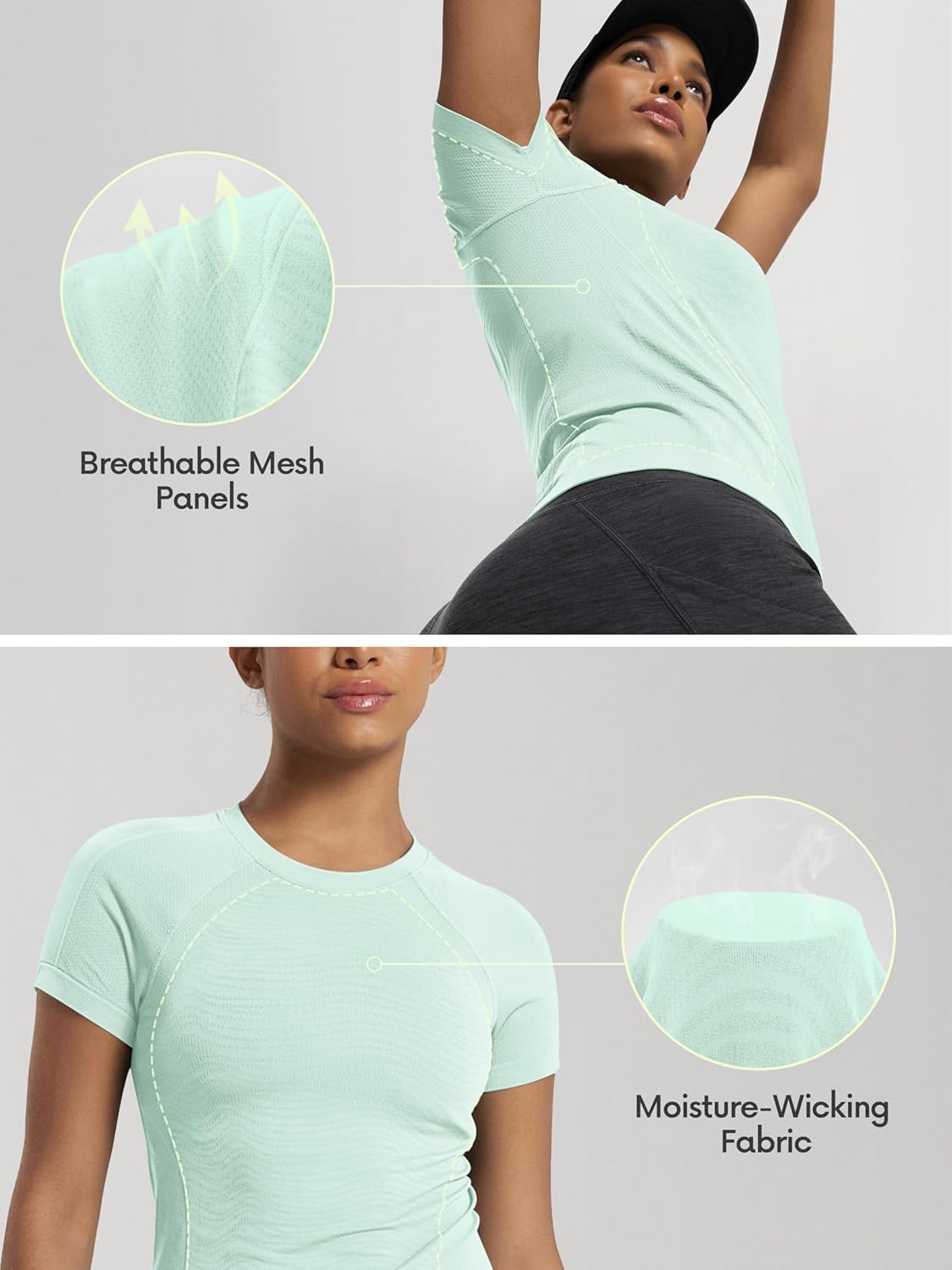 ODODOS Women's Seamless Performance Short Sleeve T-Shirt - Lightweight Breathable Slim Fit Running Workout Top -Waist Length