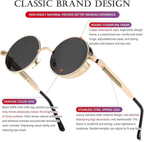 Miniatura 4 de AIEYEZO Round Steampunk Sunglasses for Men Women Retro Gothic Sun Glasses Round Metal Frame Ladies Shades