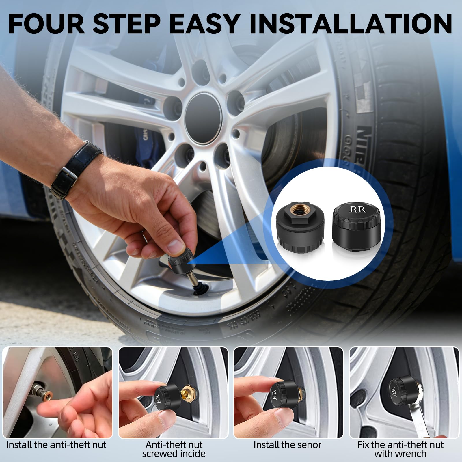 TPMS Reifendruckkontrollsystem 0–199 psi mit 4 Drahtlose Sensoren | TPMS mit Anzeige von Steigung, Geschwindigkeit, Höhe, Zeit,6 Alarmmodi, Solarbetriebenes Drahtloses Reifendruckkontrollsystem