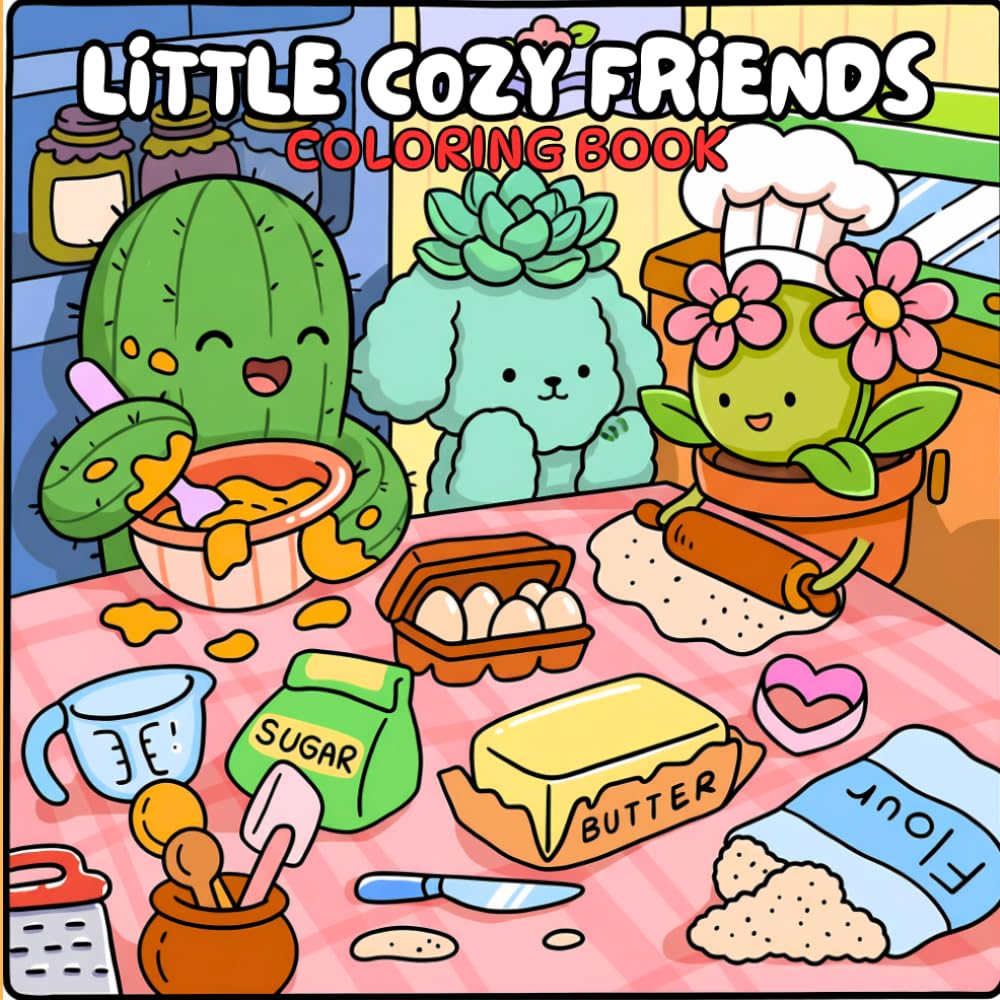 Little Cozy Friends Coloring Book: A Cute and Relaxing Coloring Book for Adults and Teens Featuring 50 Adorable Kawaii Plants in a Cozy Moments for Stress Relief!