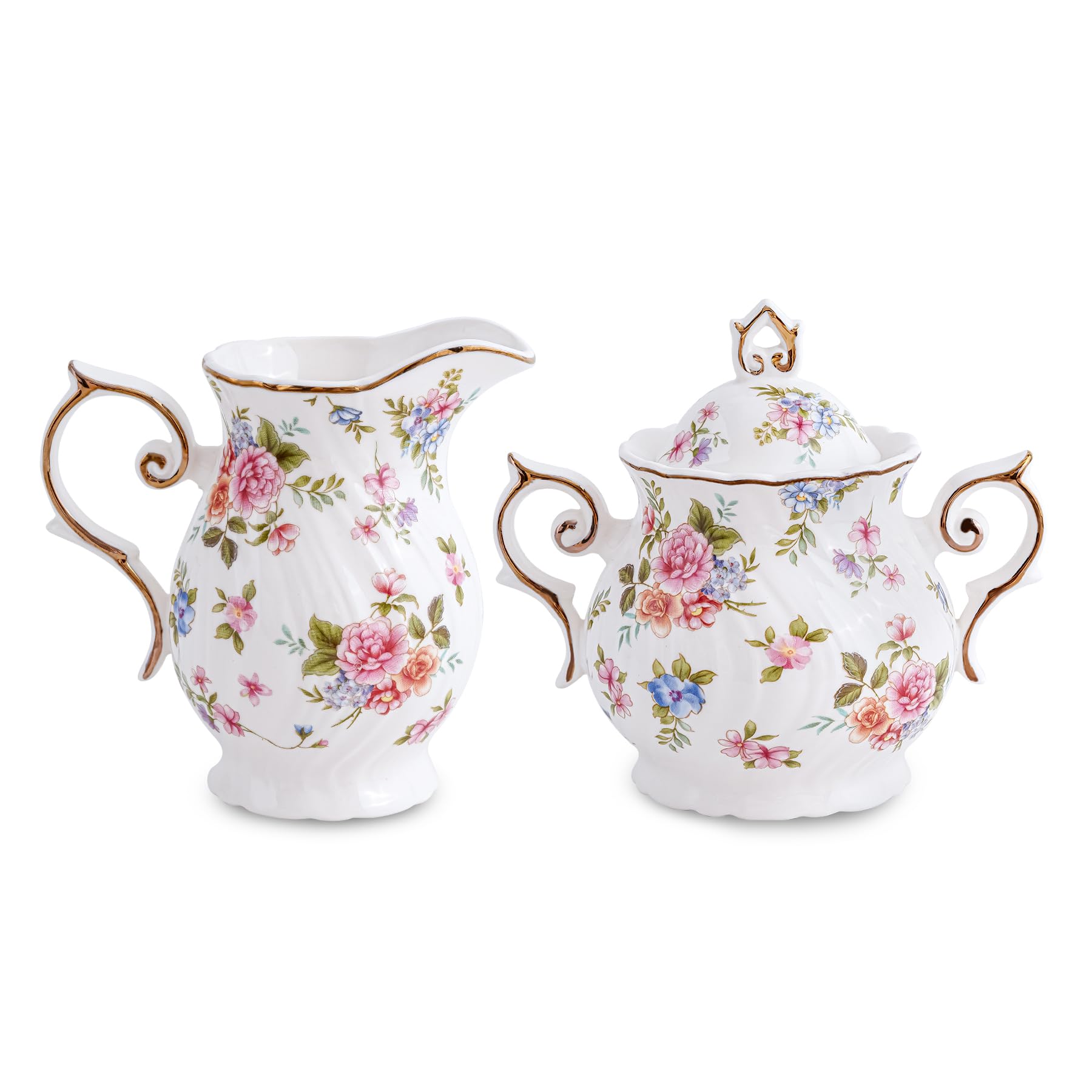 Agyiuns Sugar and Creamer Set Ceramic, Creamer Pitcher and Sugar Bowl with Lid, Creamer Pitcher with Handle,Sugar Cube Dish Coffee or Tea (White with small flowers)