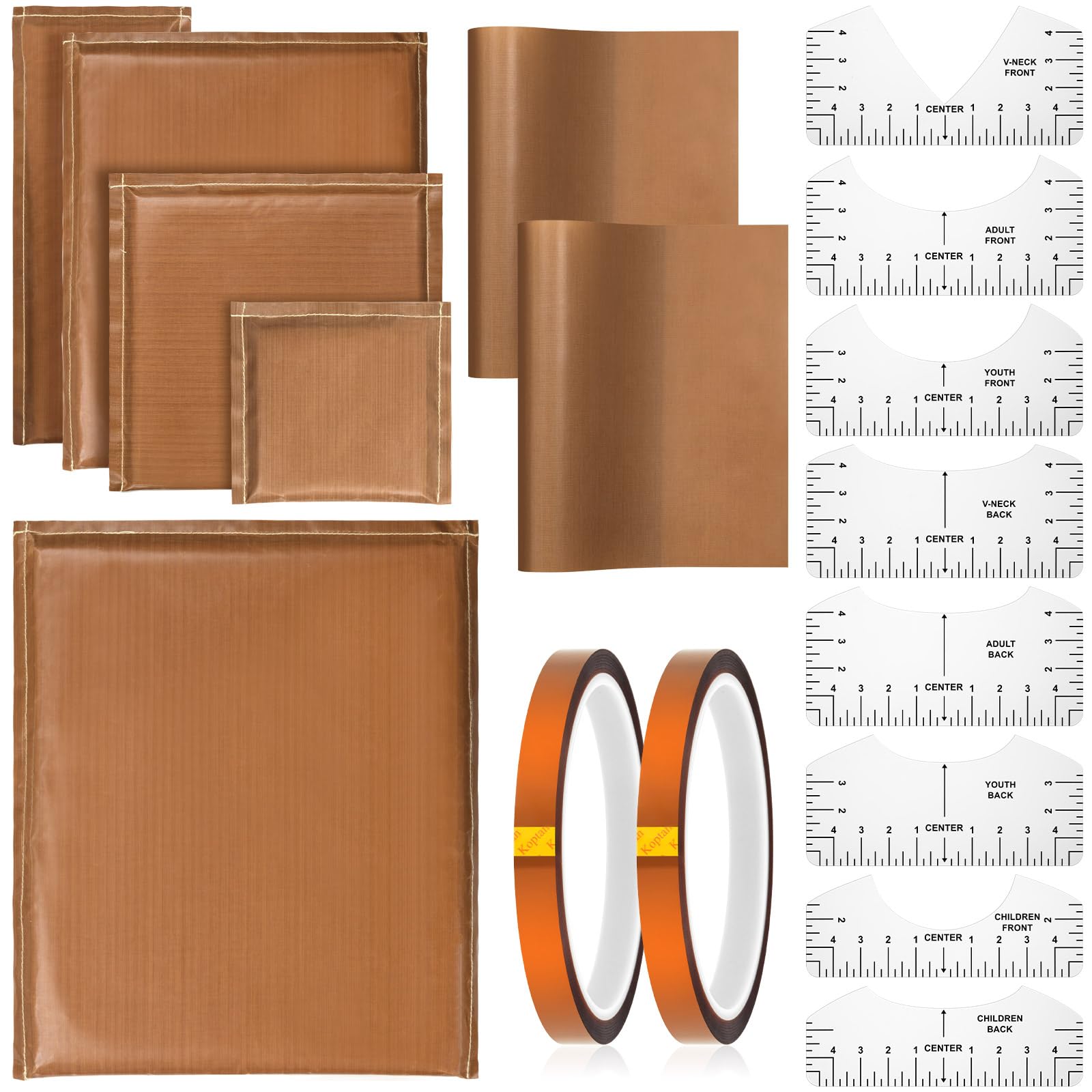 Kit de prensas térmicas Tatuo (17 unidades, 40 x 50 cm), herramientas de transferencia de calor con 5 almohadillas antideslizantes, 8 reglas para camisetas, 2 hojas y 2 cintas para serigrafía e impresión de camisetas.