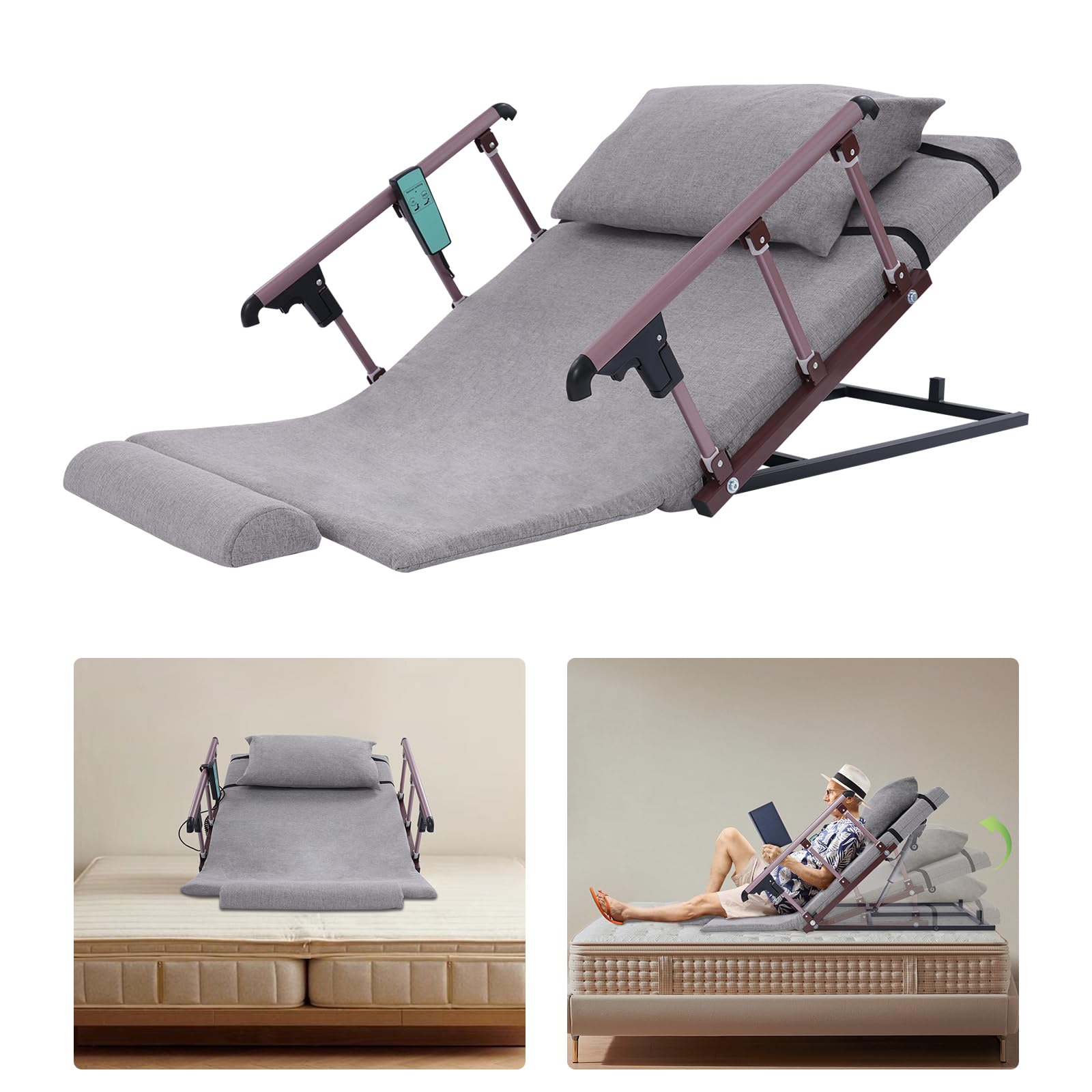 Dossier relevable électrique avec télécommande et balustrade pliable, 2 à 80 °, charge maximale : 159 kg, dossier de lit élévateur avec oreiller, gris