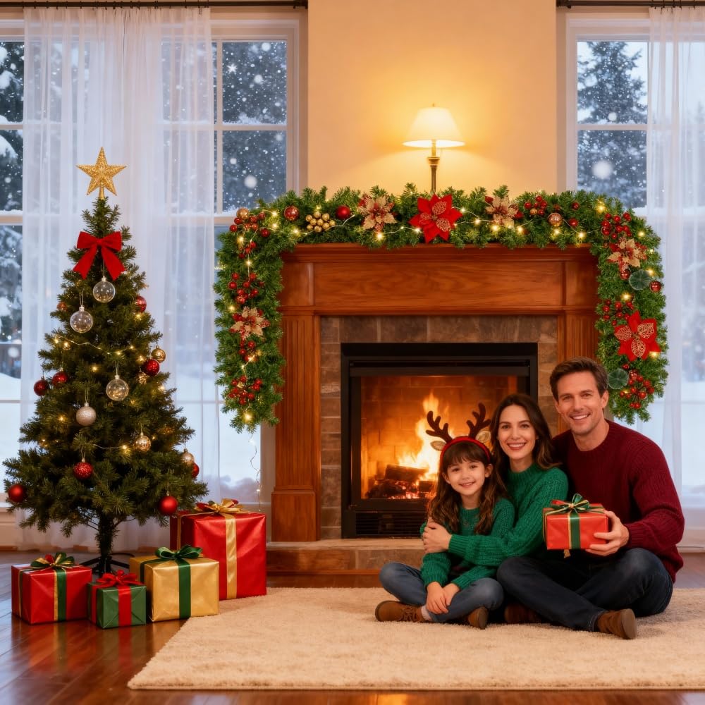 Guirnalda de Navidad 2,7M, 5M 30LEDs Guirnaldas Navideñas con Luces, Rojo Flores y Bolas, decoración navideña para Puertas, Ventanas, chimeneas, escaleras, Patio, Interior y Exterior