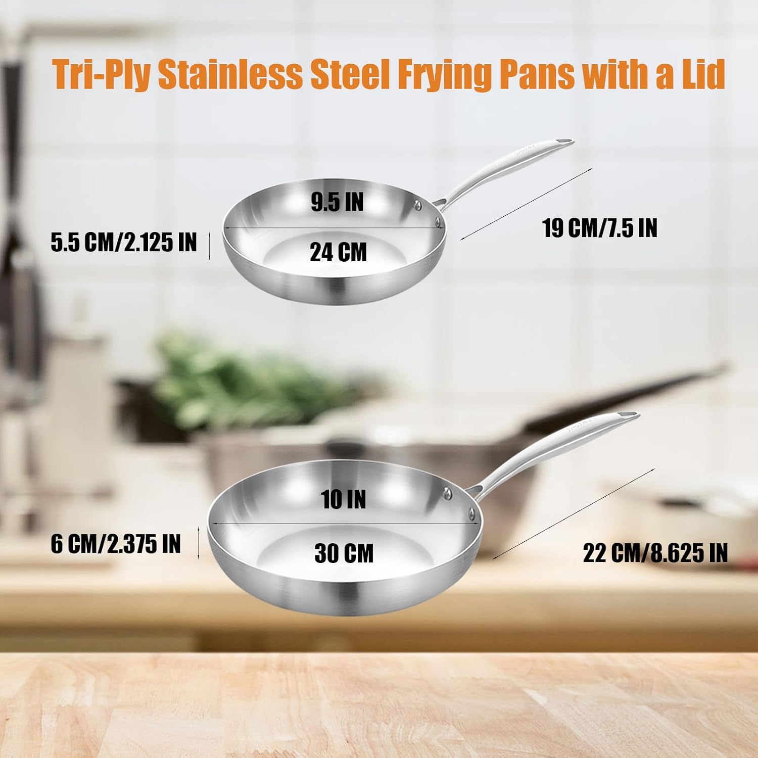 Inqibee 9.5-10 Inch Tri-Ply Stainless Steel Frying Pan Set of 2, Skillets, Induction Cooking Pan, Pots and Pans Set, Dishwasher and Oven Safe