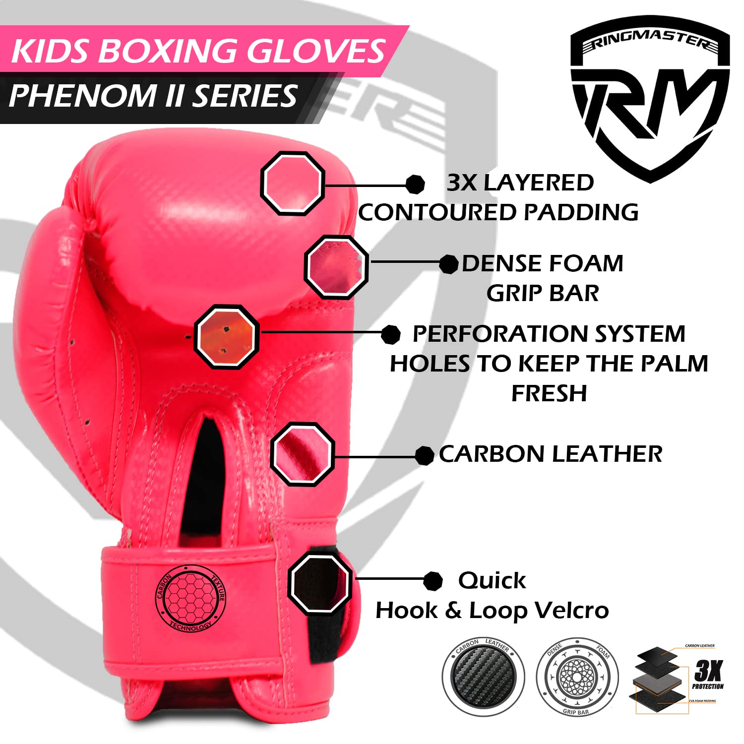 Ringmaster Sport-Kinder-Boxhandschuhe, Carbon-Leder, Training, Sparring, Boxsack, Handschuh