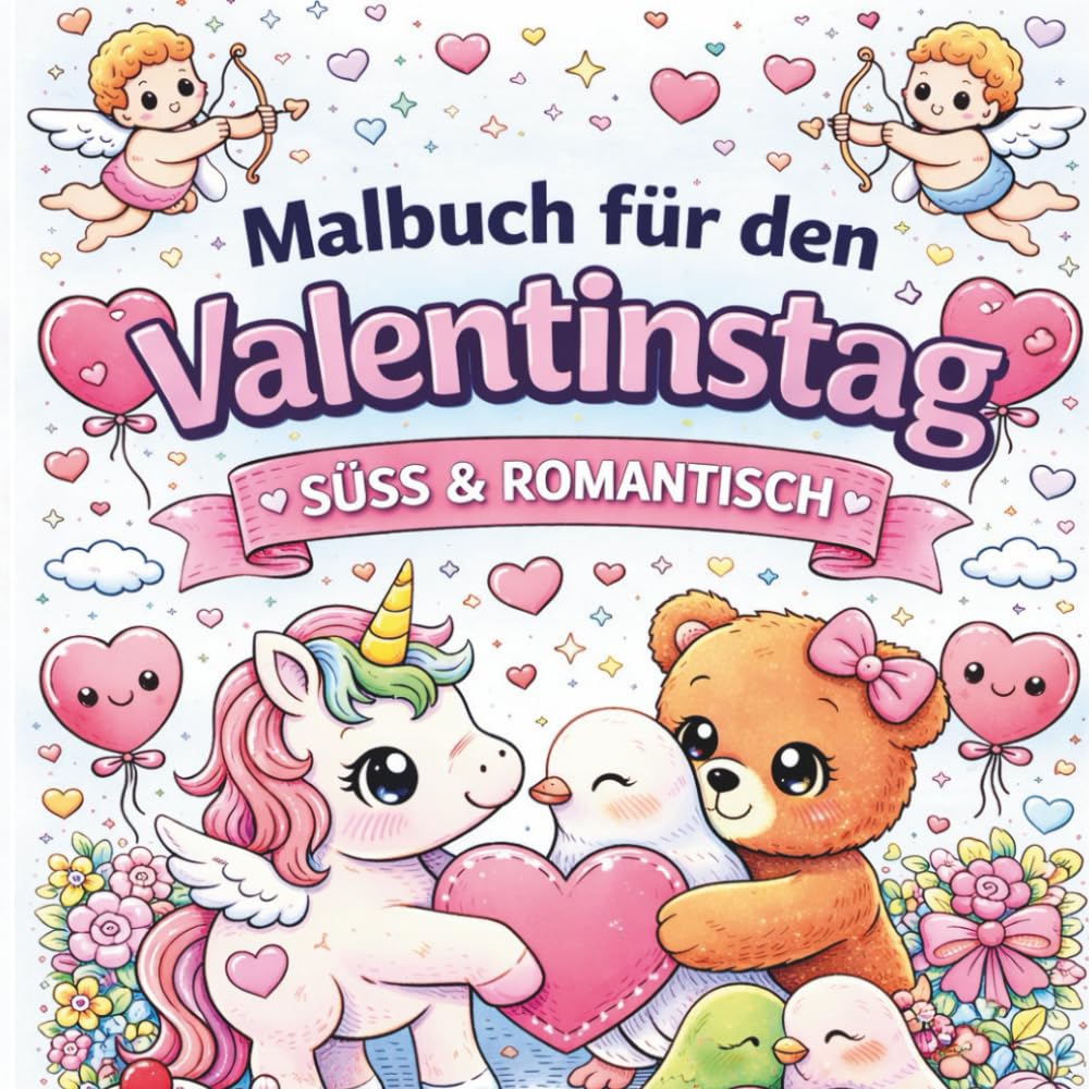 Malbuch zum Valentinstag für Kinder & Erwachsene: Süße Tiere, Einhörner & liebevolle Motive zum Ausmalen