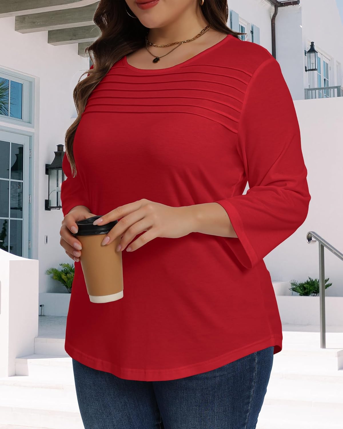 Womens Plus Size Tops 3/4 Sleeve Shirts Casual Roundneck Tunics Top Pleated Spring Summer Blouse - Image 6