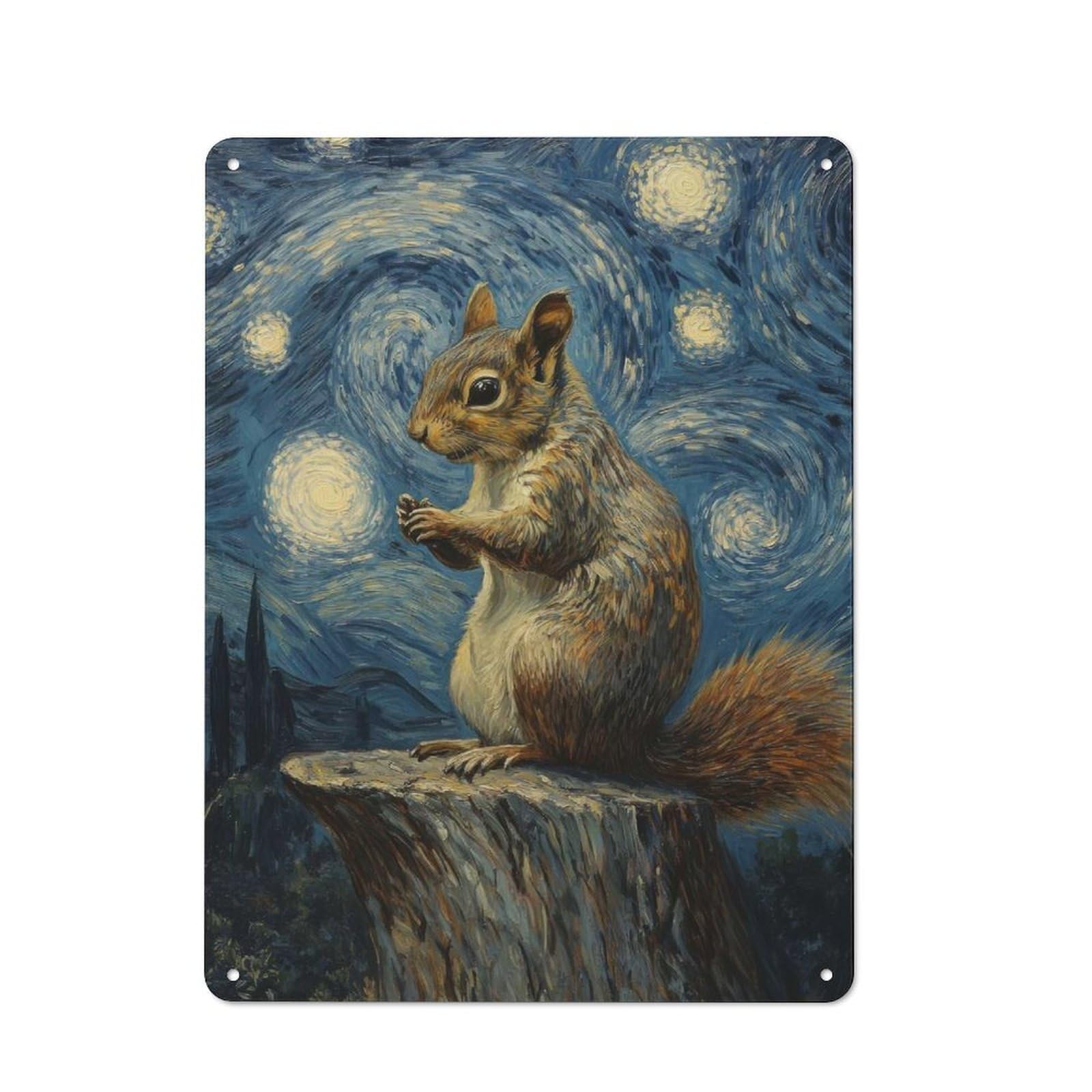 Junmoney Squirrel Under Starry Night Classic Metal Wall Decor 40X30cm, Decorative Metal Sign For Workspace, Cafe, Shop Or Desk Area