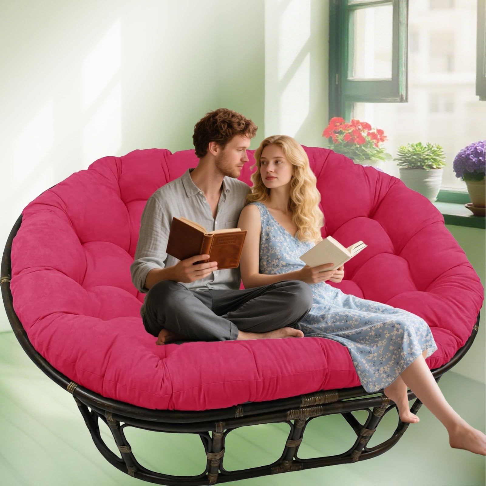 JNTFNE Oversized Double Cush - Thick, Soft Tufted Wicker Egg Chair Pad for Outdoor Patio, Garden, Balcony, Porch Overstuffed Round Comfort