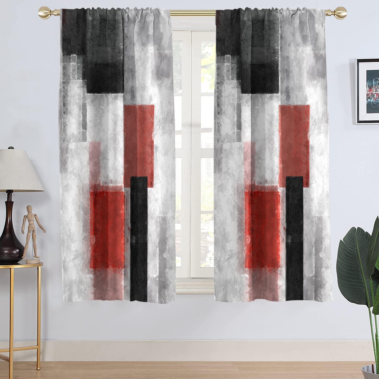 AAtter Red Window Curtain Black and White Grey Gray Modern Abstract Dark Mens Boys Cool Anime Minimalist Living Room Bedroom Rod Pocket Drapes