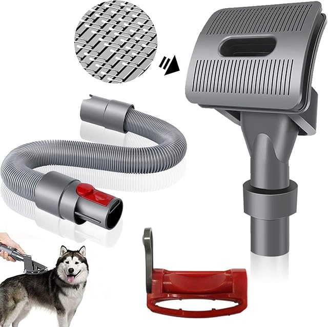 Set of 3 Groom Tool Pet Vacuum Attachment, TEPULAS Animal Dog Vacuum Brush Compatible with DYS V15 V12 V11 V10 V8 V7 Vacuum Cleaners with Trigger Lock and Extended Vacuum Hose for Medium Large Pets