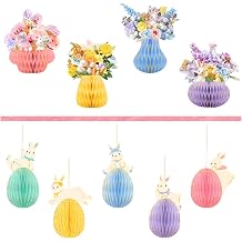 AOBKIAT Easter Party Decorations,4 PCS Paper Honeycomb Vase and 5 PCS Easter Bunny Egg Honeycomb Hanging Ornaments for Home Classroom Decor,Easter Party Favors,Spring Party Supplies