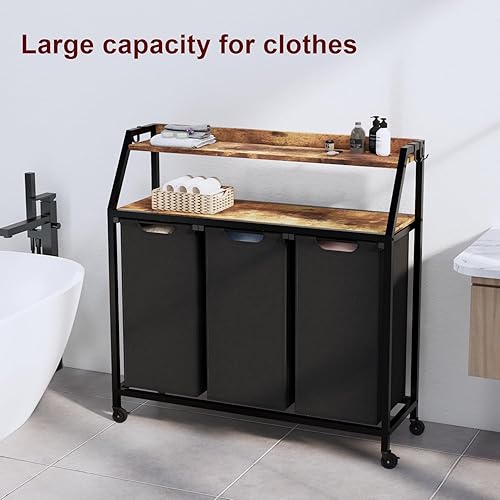 Miniatura 9 de Cesto de lavandería, clasificador de ropa sucia de 3 secciones, cesta de lavandería con ruedas, 2 estantes, 3 x 14.5 galones, bolsas de tela Oxford