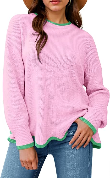 Saodimallsu Womens Contrast Color Pullover Sweaters Crewneck Knit Tops with Wave Hem Long Sleeve Sweater Fall 2025