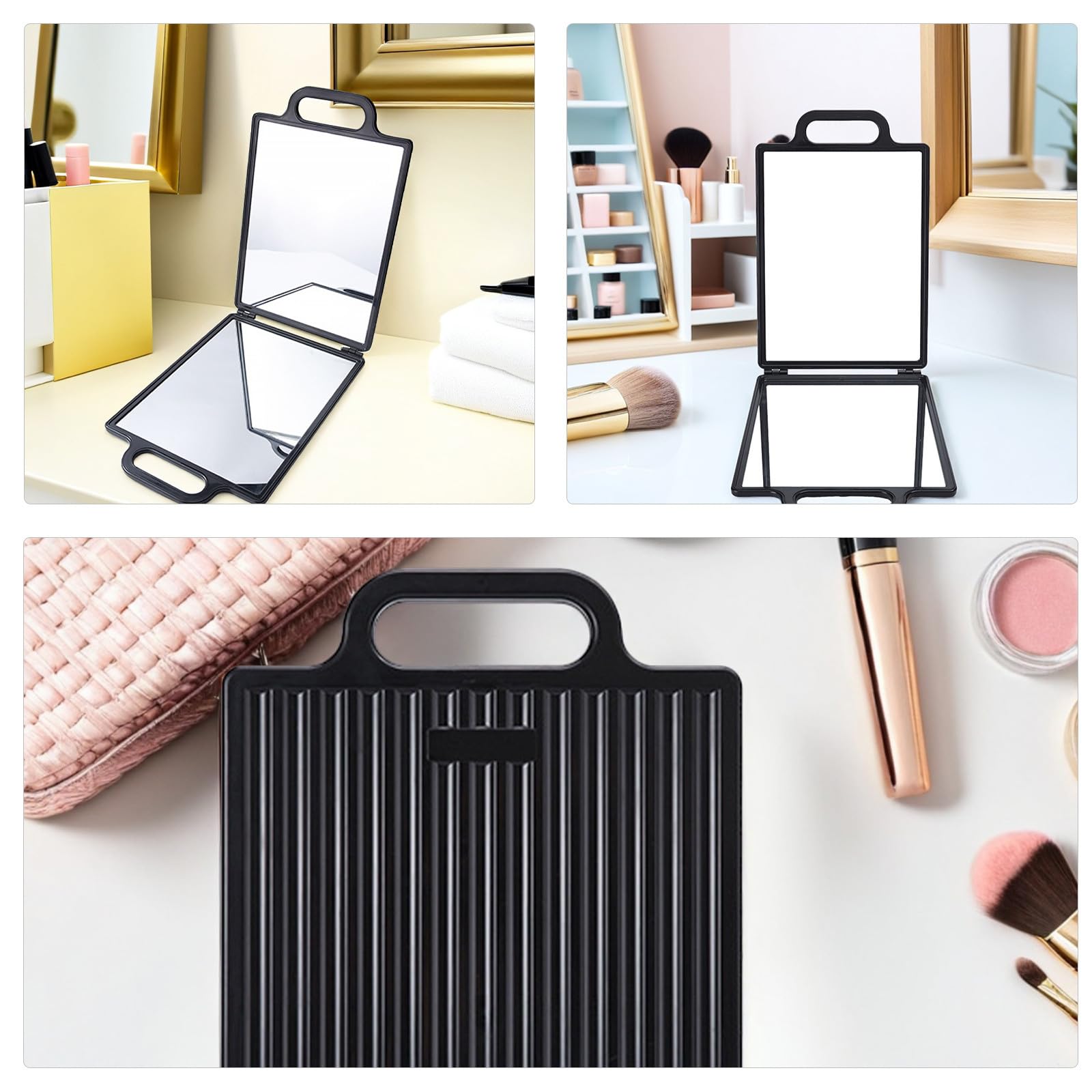 Amosfun Miroir de Coiffure Double Face Pliable Noir Plateau Intégré, Miroir de Barbier Portable Incassable pour Salon de Coiffure, Outil Professionnel pour Coupe de Cheveux et Coiffage