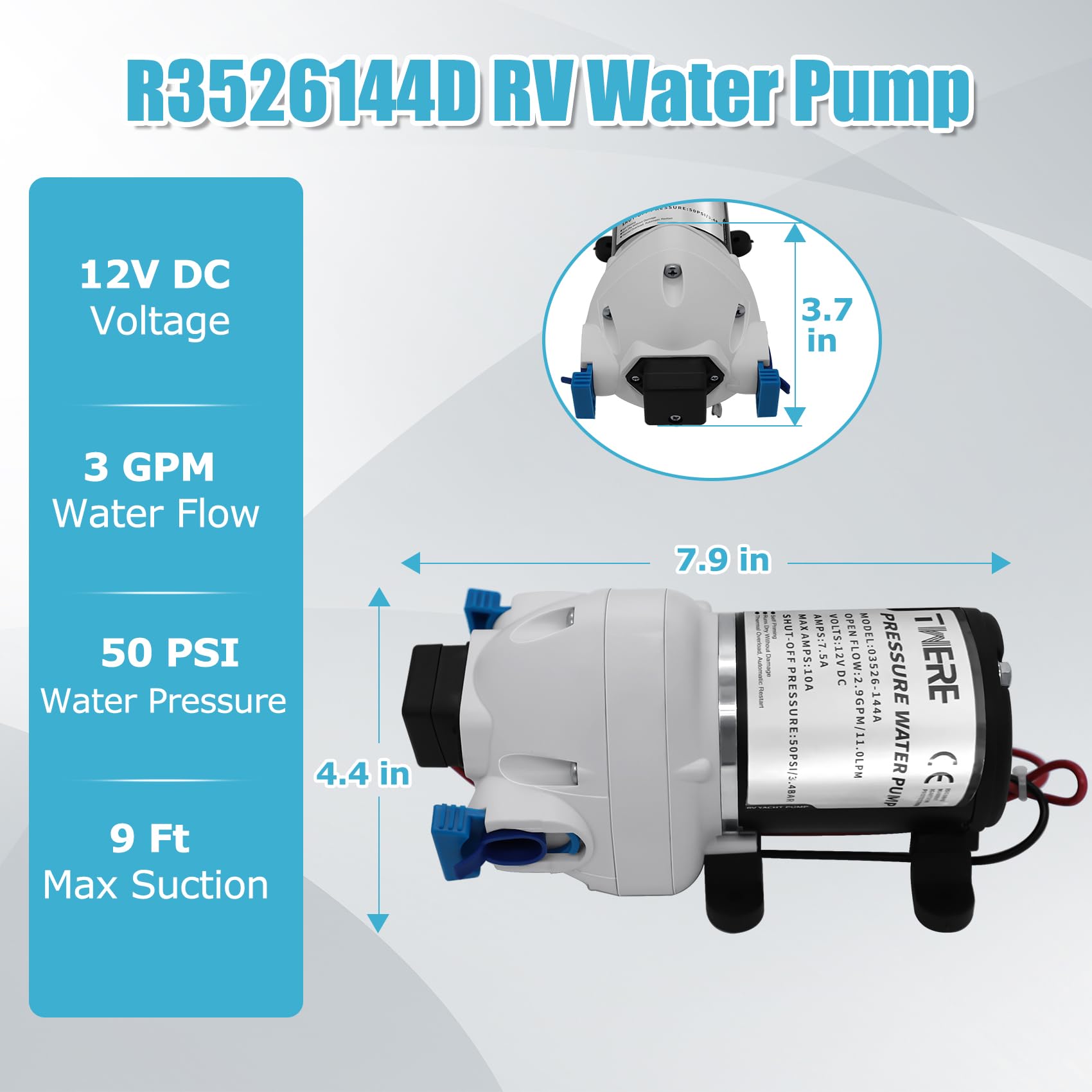 [Versión mejorada] R3526144D - Bomba de agua para caravana, 3 GPM 12 V CC 50 PSI, bomba de agua de diafragma autocebante triplex de repuesto R3526144D/03526-144A, silenciosa y apagado automático, para