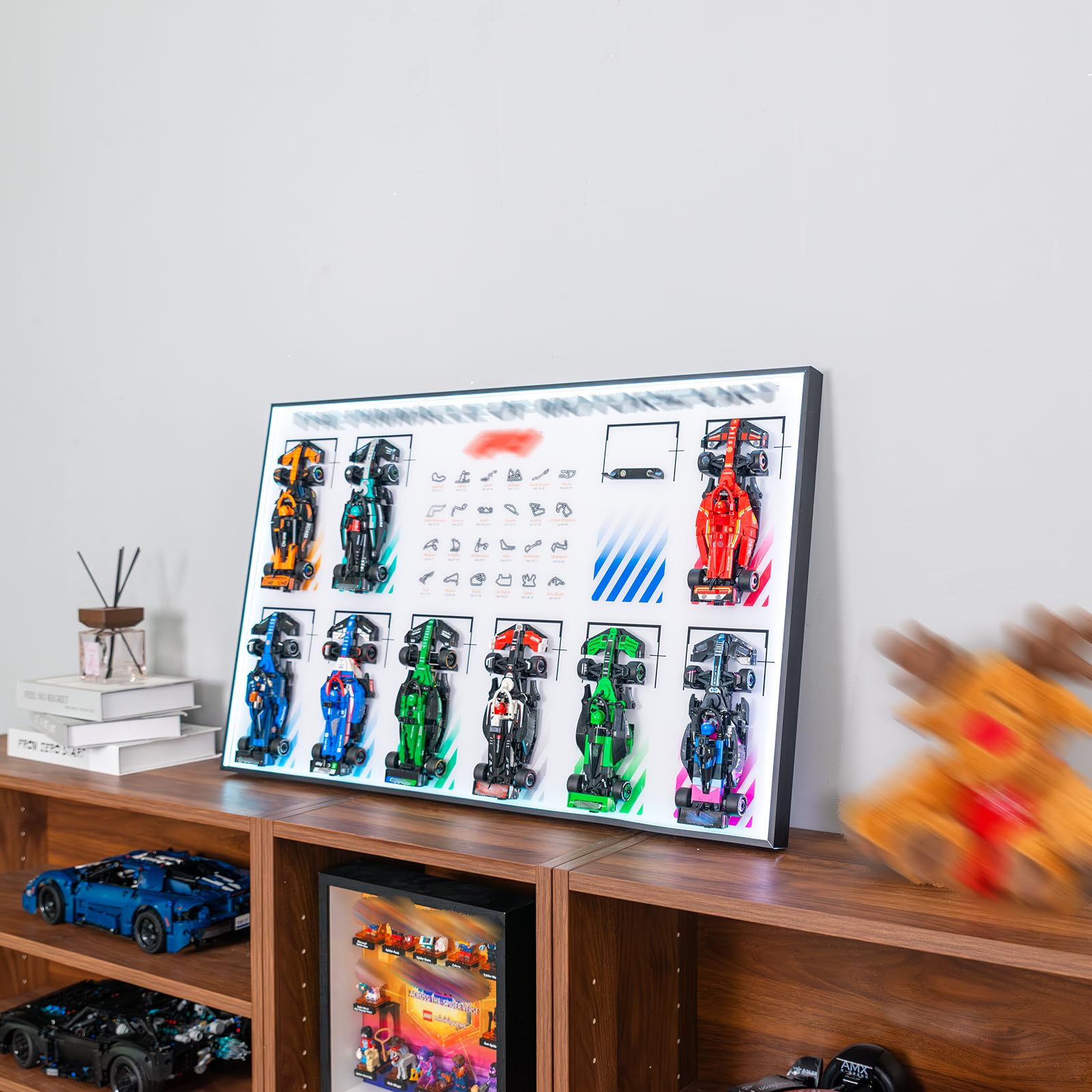 NOVDA Wall Mount Display Board Compatible with F1 Speed Champions, 31.4" x 19.6" Display Frame 10 F1 Race Car (77242-77251) for Collector's Room, Office & Living Room Showcase (Excluding models）