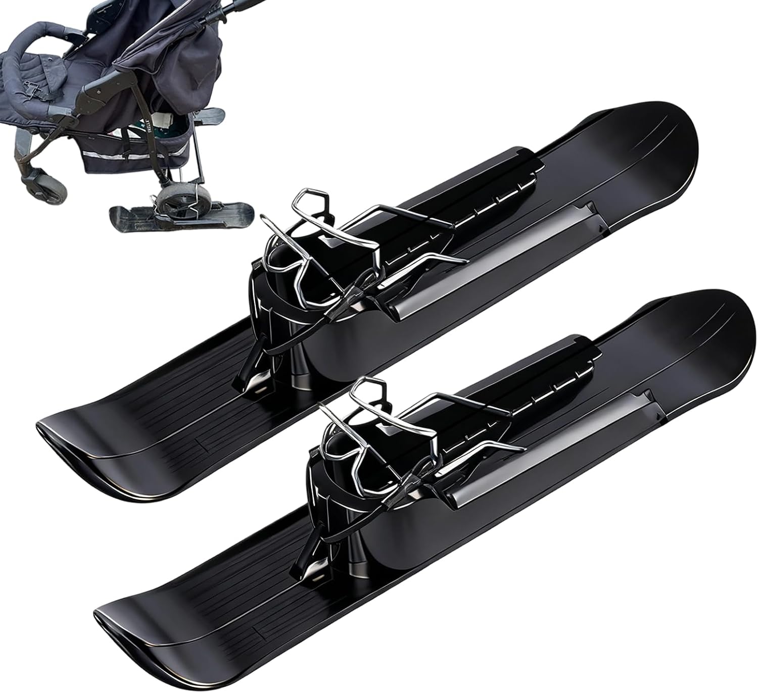 Stroller Snow Skis, Snow Ski Attachment for Strollers, 2-in-1 Lightweight Sledge with Spring Clamps and Elastic Rope, Black ABS and Iron, 53x9.5x7.7cm, for Balance Bikes, Golf Carts, Wheelchairs