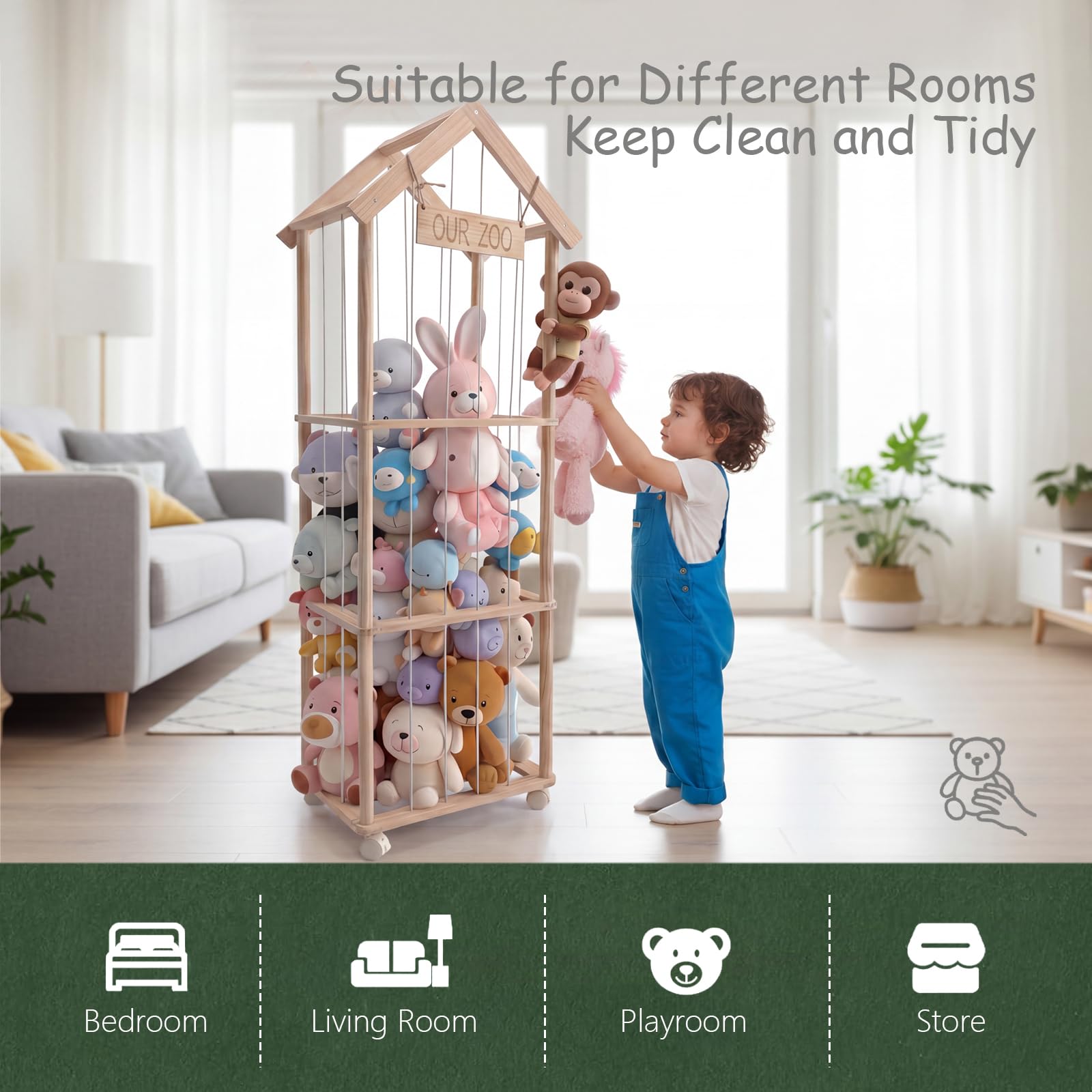 360° Drehbar Kuscheltier Aufbewahrung - Robuste Stofftier Aufbewahrung - Holz Kuscheltier Organizer - Stuffed Animal Storage für Spielzimmer Kinderzimmer Schlafzimmer Wohnzimmer 42x32x143 cm