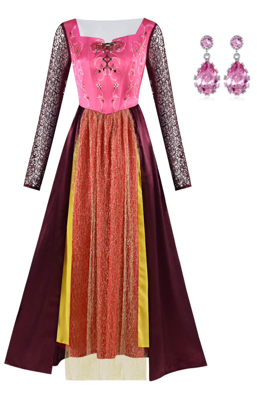Womens medieval witch sisters cosplay dress robe with earrings