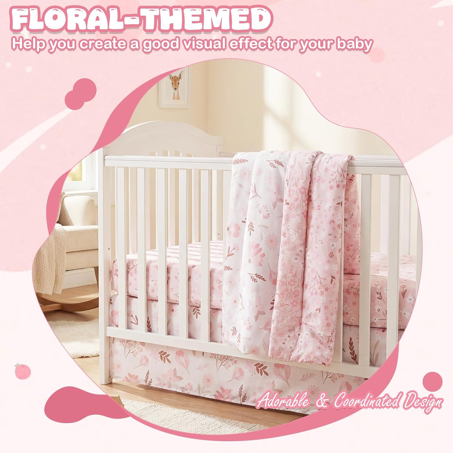 Hahafelt 4 Pieces Crib Bedding Set for Girls and Boys, Soft Baby Bedding Set Including Crib Skirt, Comforter, Sheet and Diaper Stacker for Nursery (Floral Theme)
