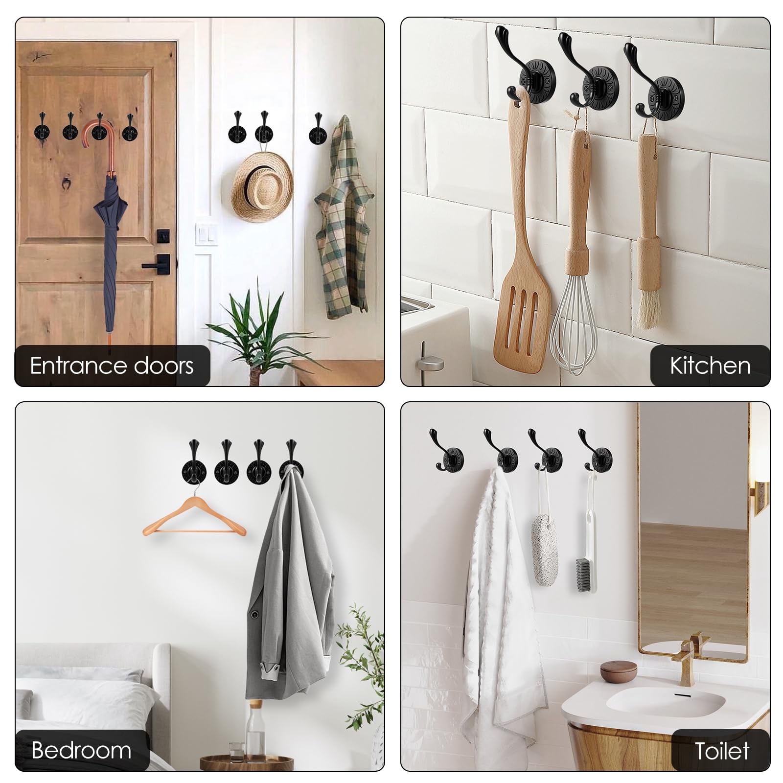 Ganchos de Pared, Ganchos for Abrigos Negros de Alta Resistencia, Perchas Doble Punta montadas en la Pared for Ropa, Toallas, Mochilas, 8 Uds