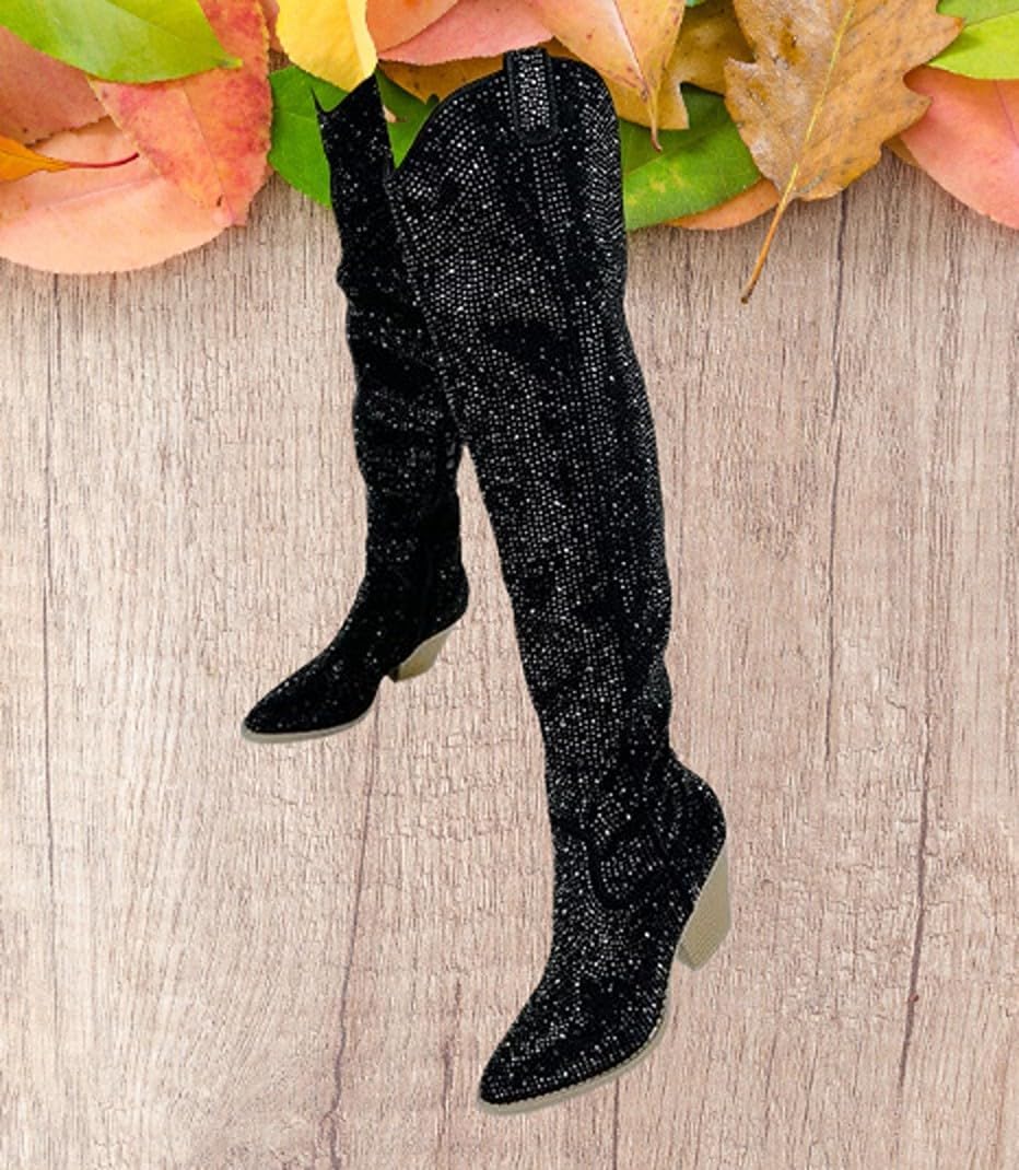Forever Link Women Western Cowgirl Cowboy Pointed Toe Rhinestone Over the Knee Boots