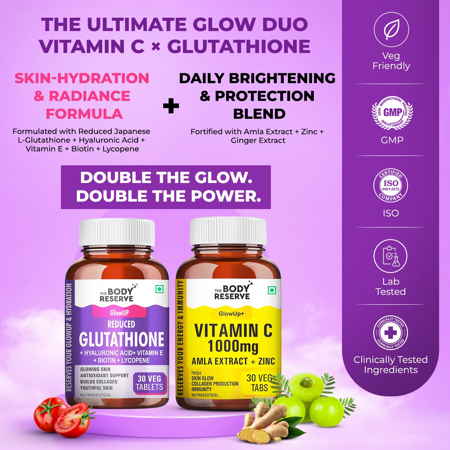 The Body Reserve Japanese Reduced L-Glutathione 500mg with Vitamin C & Amla Extract | Skin Brightening Supplement | 30+30 Veg Capsules — Amazon image 2