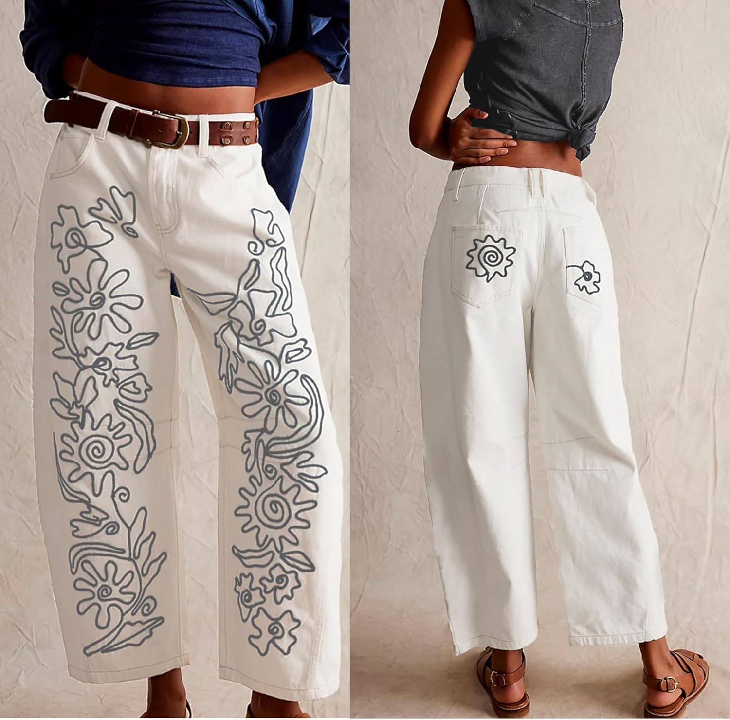 YSW Embroidered Mid Rise Jeans for Women Baggy Boyfriend Jean Boho Barrel Horseshoe Vintage Pants