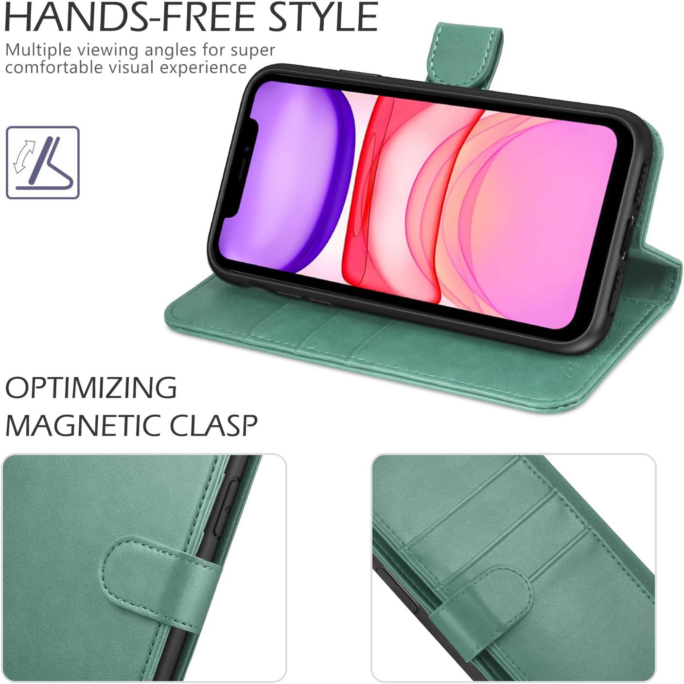 TUCCH iPhone 11 Pro Wallet Case, RFID Protection Card Holder Stand Magnetic PU Leather Folio Cover with Auto Wake Sleep [TPU Shockproof Inner Case] Compatible with iPhone 11 Pro 5.8 inch, Myrtle Green