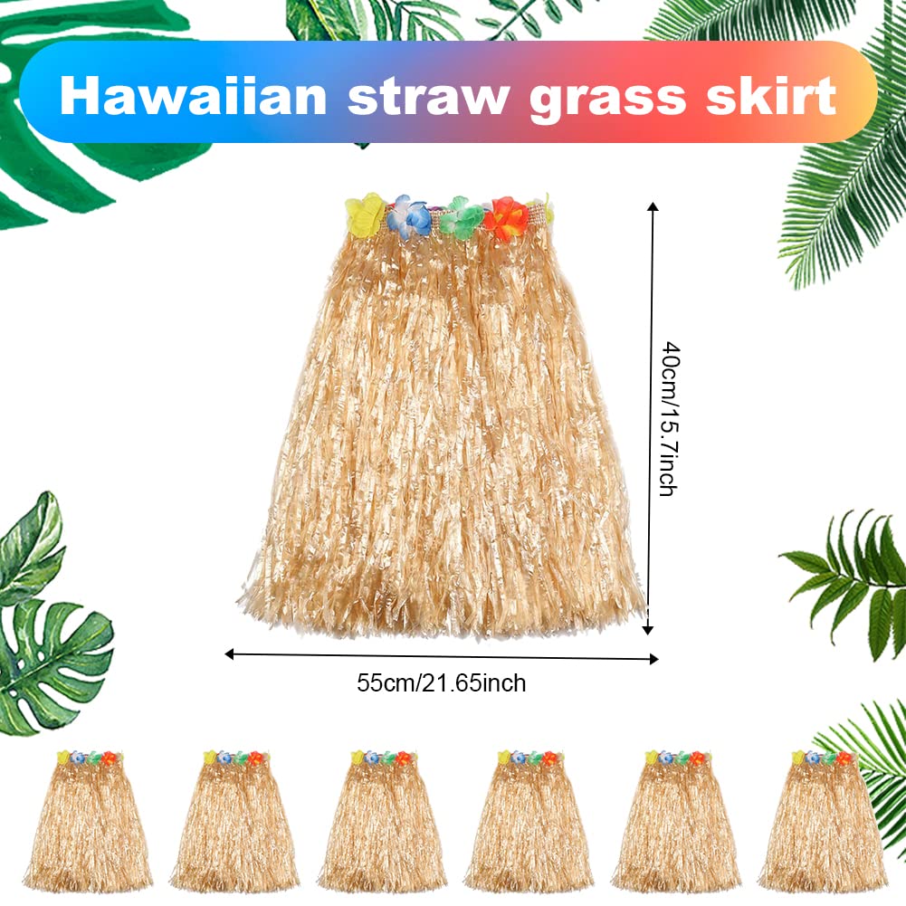 6 Pcs 40cm Hula Grass Jupe Hawaiian Leis Dance Dress Set avec Fleur, Jupe Élastique Couleur Paille Dorée pour Hawaiian Aloha Beach Summer Party Supplies