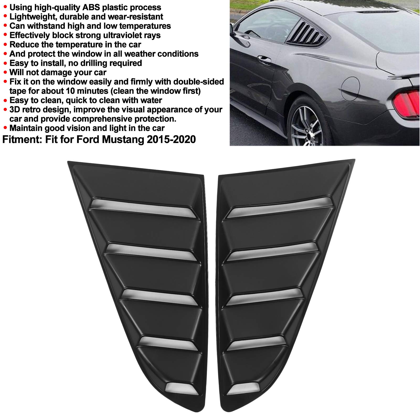 Copertura della feritoia per finestra, 2 pezzi Feritoia per finestrino laterale per auto Copertura parasole nera per parabrezza per Mustang 2015-2020 Copertura per finestrino di ventilazione lat