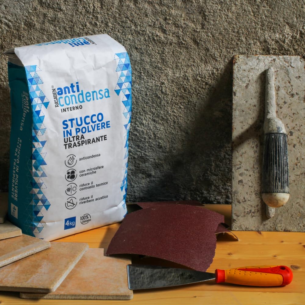 RASABEN - Stucco in Polvere Anticondensa con Microsfere Ceramiche, per Ambienti poco Ventilati, Riduce il Riverbero e il Contrasto Termico, Ultra Traspirante, Uso Interno, Made in Italy, Sacco da 4kg