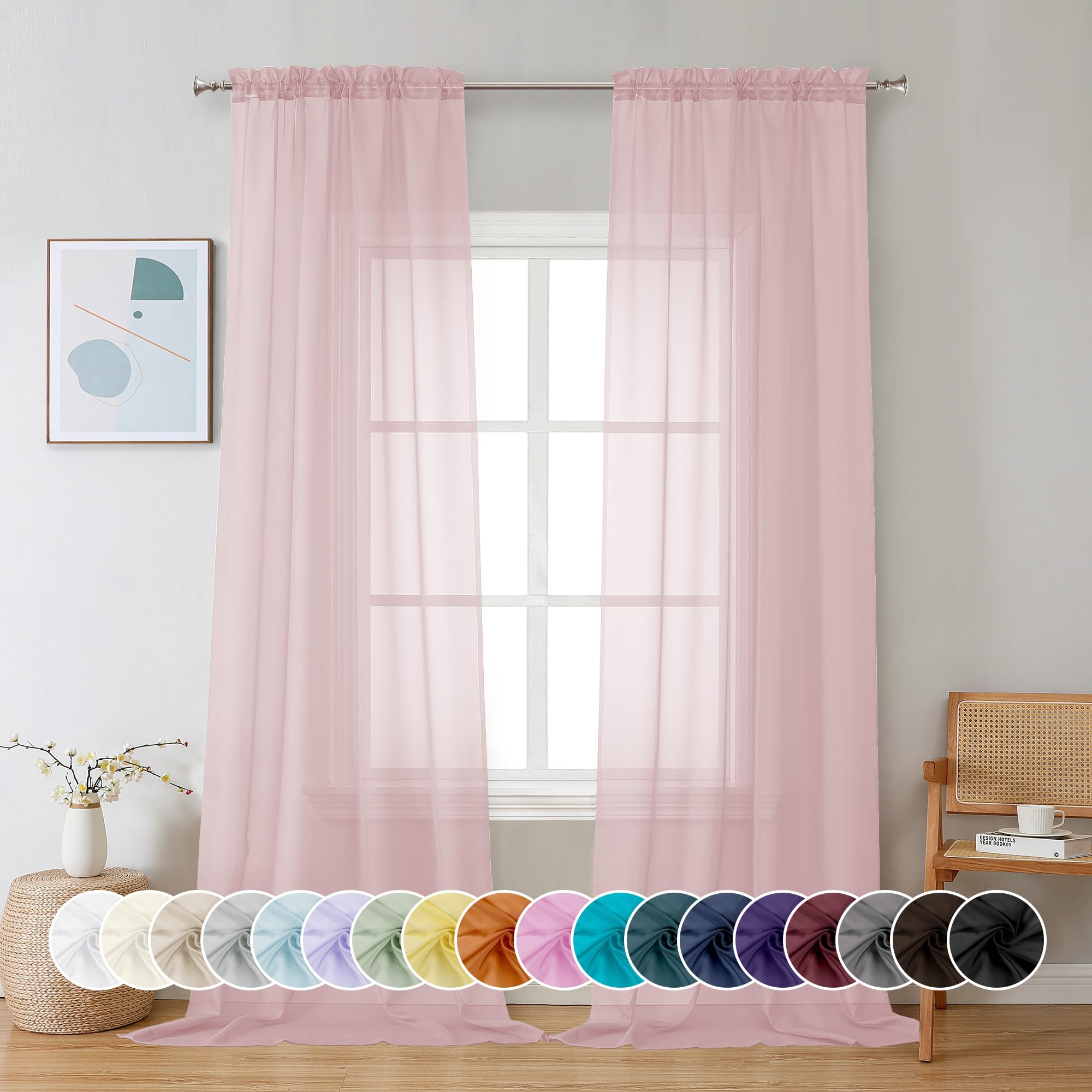 Chyhomenyc Sheer Valance Tiers Curtains 2 Panels, Elegant Light Filtering Rod Pocket Voile Window Treatment Drapes for Living Room Bedroom Bathroom Farmhouse Patio Wedding, 42Wx96L, Blush Pink
