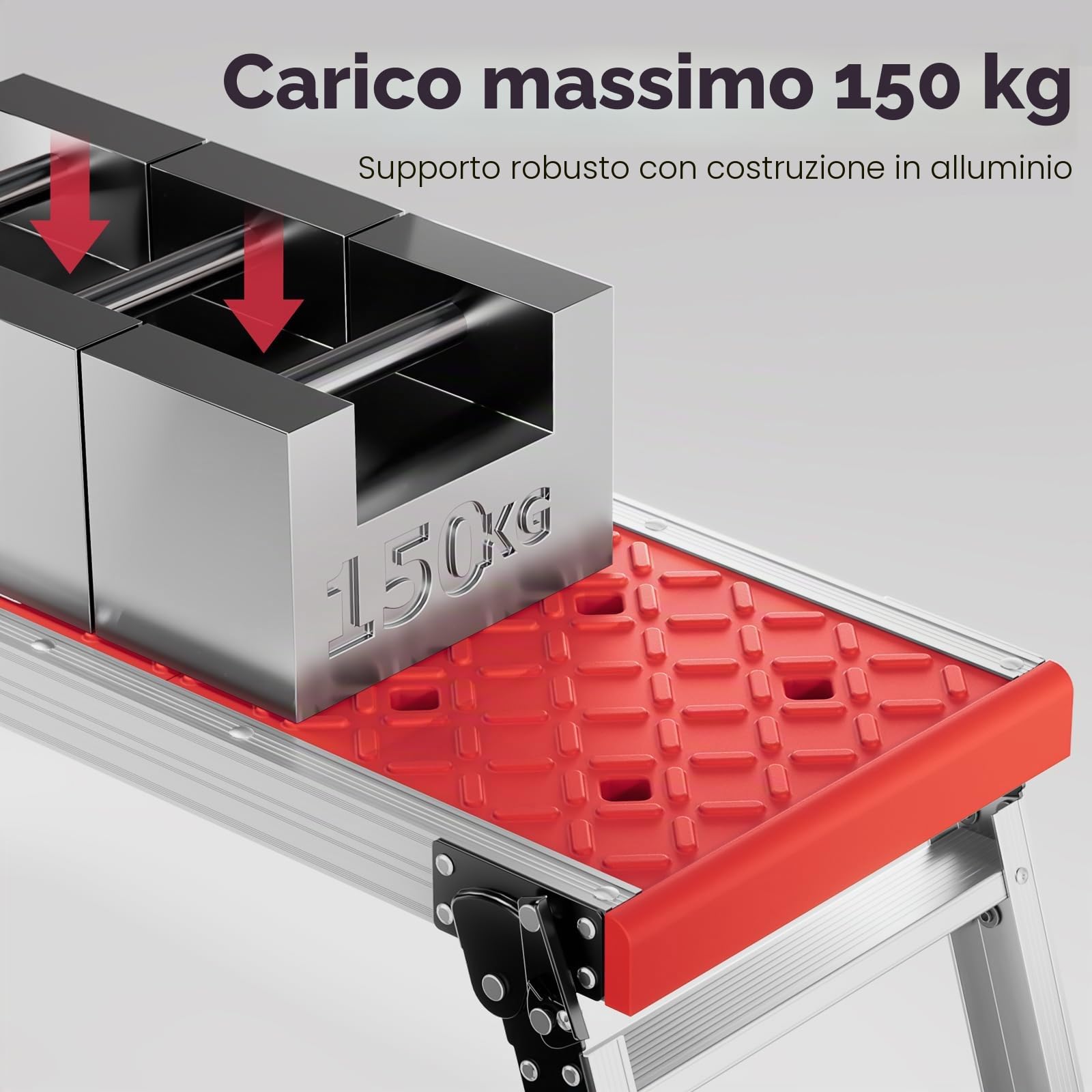 KINGRACK Piattaforma di lavoro pieghevole in alluminio portatile, cavalletti da lavoro antiscivolo con serrature di sicurezza per casa garage, trabattello portata di 150 kg, Argento e rosso