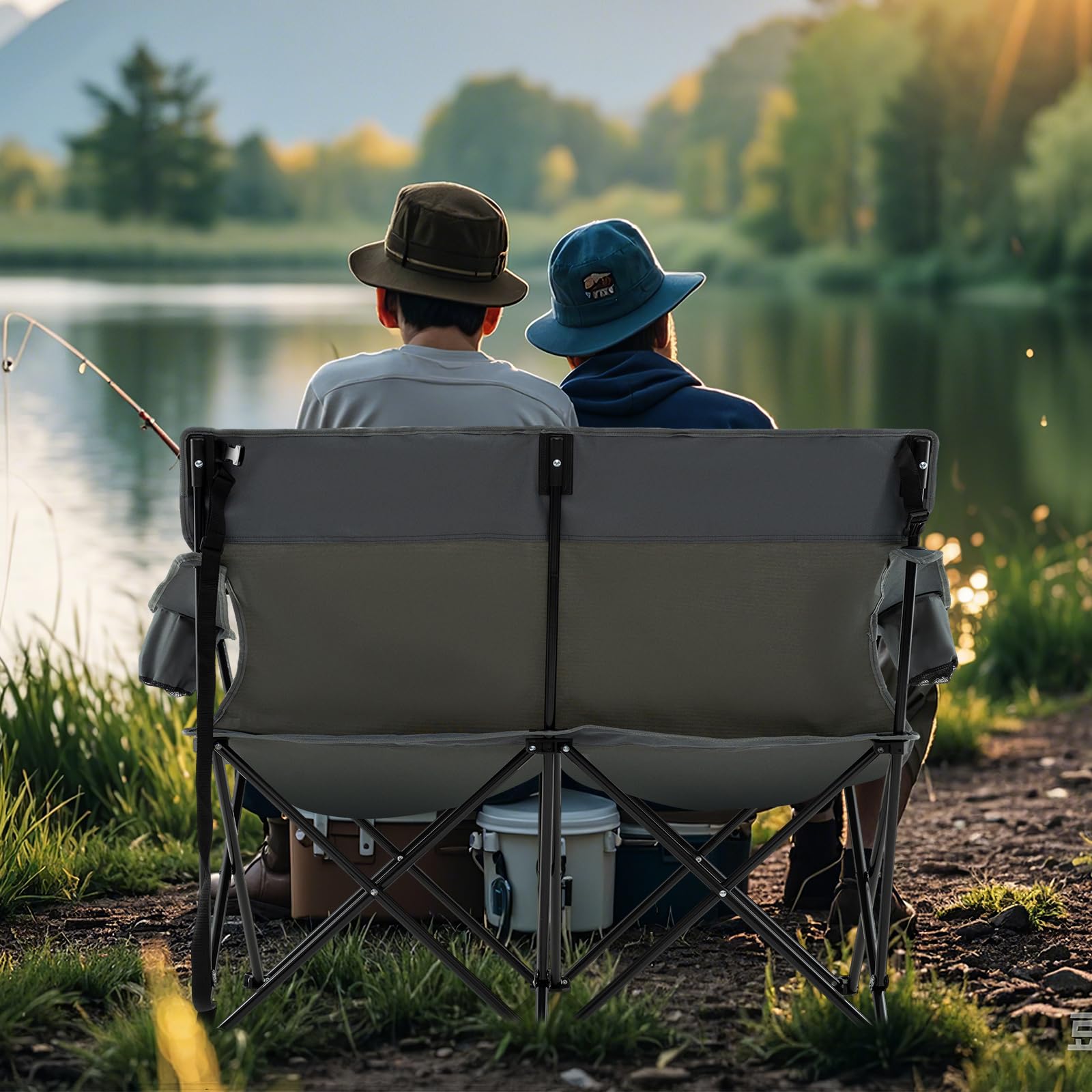 COSTWAY Sedia da Campeggio Doppia, Poltrona Pieghevole per 2 Persone con Portabicchieri, Borsa per il Trasporto, Sedia da Giardino Portatile per Spiaggia, Picnic, Pesca, Portata 300 kg (Grigio)