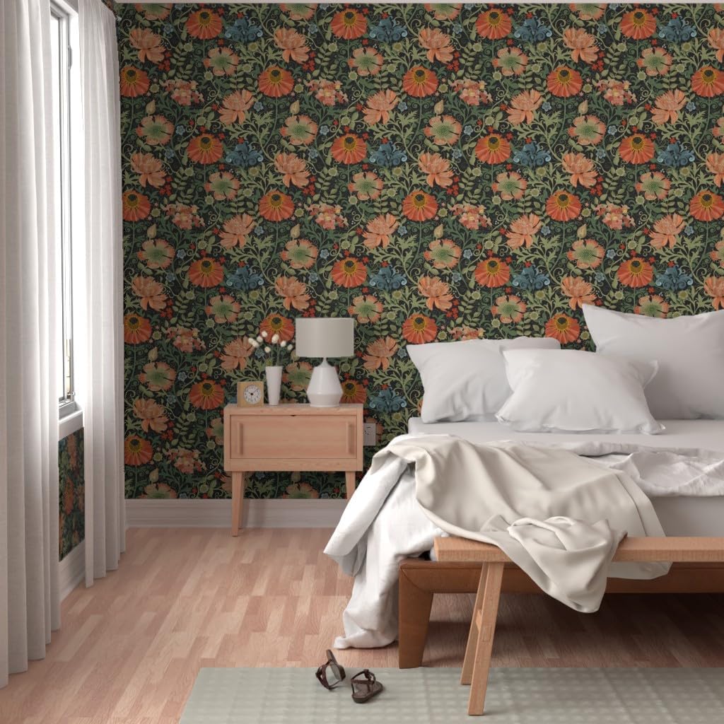 Spoonflower Removable Wallpaper Swatch - Art Nouveau Black Deco Floral Maximalist Flowers Flower Garden Victorian Inspired Custom Pre-Pasted Wallpaper